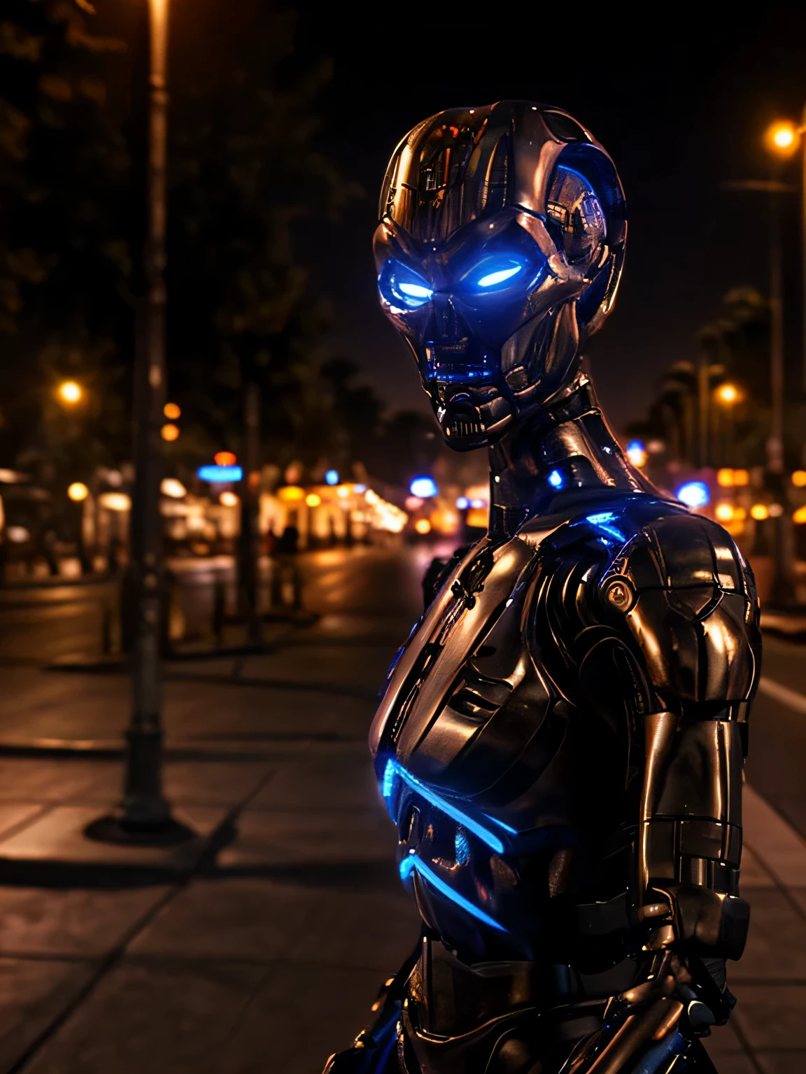 realistic, TX in los angeles street, night time, realistic lighting, sunlight, (TX Endoskeleton:1.5), detailed TX endoskeleton, ultrarealistic TX endo, (deep focus), (sharp details), (detailed environment:1.1), best quality, ultra HD 8K
