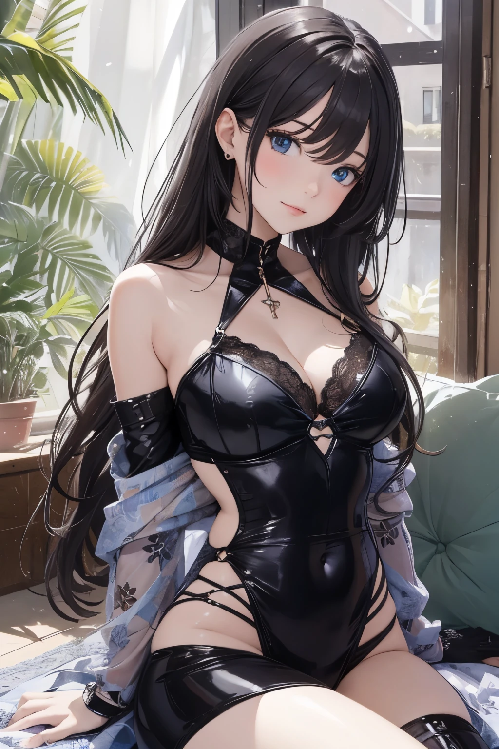 Best Quality, Masterpiece: 1.2, Ultra Detail,
1girl,
Sitting quietly in a cozy room,
Sunlight streaming through the windows, illuminating her every feature,
Long black hair cascading down her shoulders,
Inner blue highlights shimmering in the light,
Blue eyes sparkling with life,
Expressing a cute, charming smile,
Her breasts full and well-defined, accentuating her femininity,
--s2