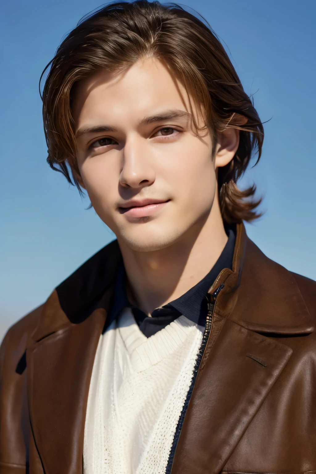 masterpiece, highest quality, to be born, style, Stunning half-body portrait of a very handsome man, Messy light brown hair, white skin, bright honey eyes, Wearing a black jacket, Deeply focused expression,, sharp focus, intricate details, clear sky background、smile just a little