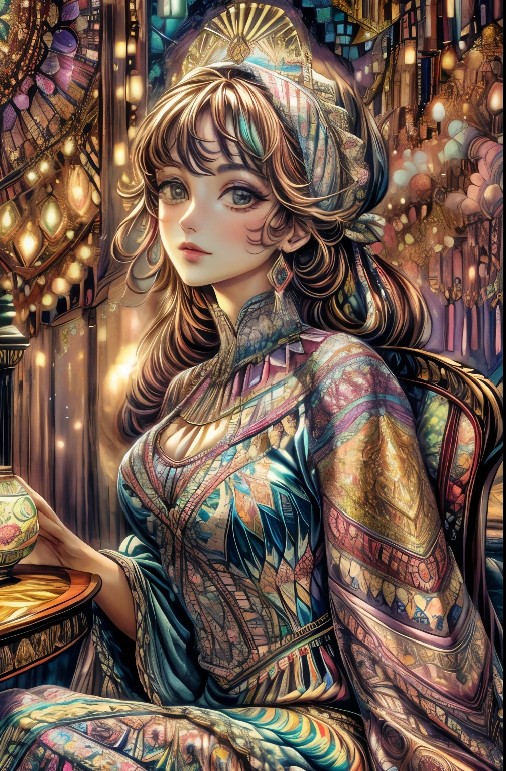 detailed face, vibrant colors,exquisite patterns, stunning dress,delicate lacework, elegant posture, antique furniture, soft lighting, nostalgic atmosphere,Eduardo Kobra (Eduardo Kobra) Quilting , Geometric walls, portrait, until, chibi,
Yang08k, beautiful, dyeing,Major works, better quality, better quality, official art, Beautiful and beautiful, best posture,perfect fingers, touching