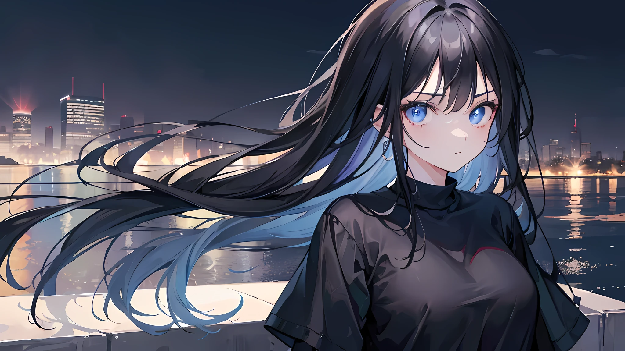 1girl, Long black hair, Blue eyes, perfect face, wearing plain black shirt, denim shorts, Night City, absurdres, high res, ultra sharp, 8K, masterpiece, looking at viewer