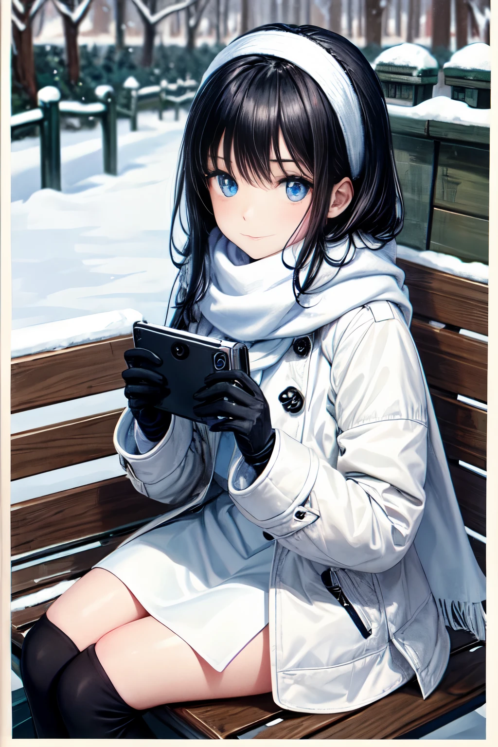 A young girl with black hair and blue eyes is wearing a white scarf, black gloves, and a winter coat. She is sitting on a snow-covered bench and looking at the viewer with a shy expression. She is holding a Polaroid photo of herself in her hand. The image is low quality, blurry, and has a yellow tint. The edges are rounded and there are spots and scratches on the surface.
