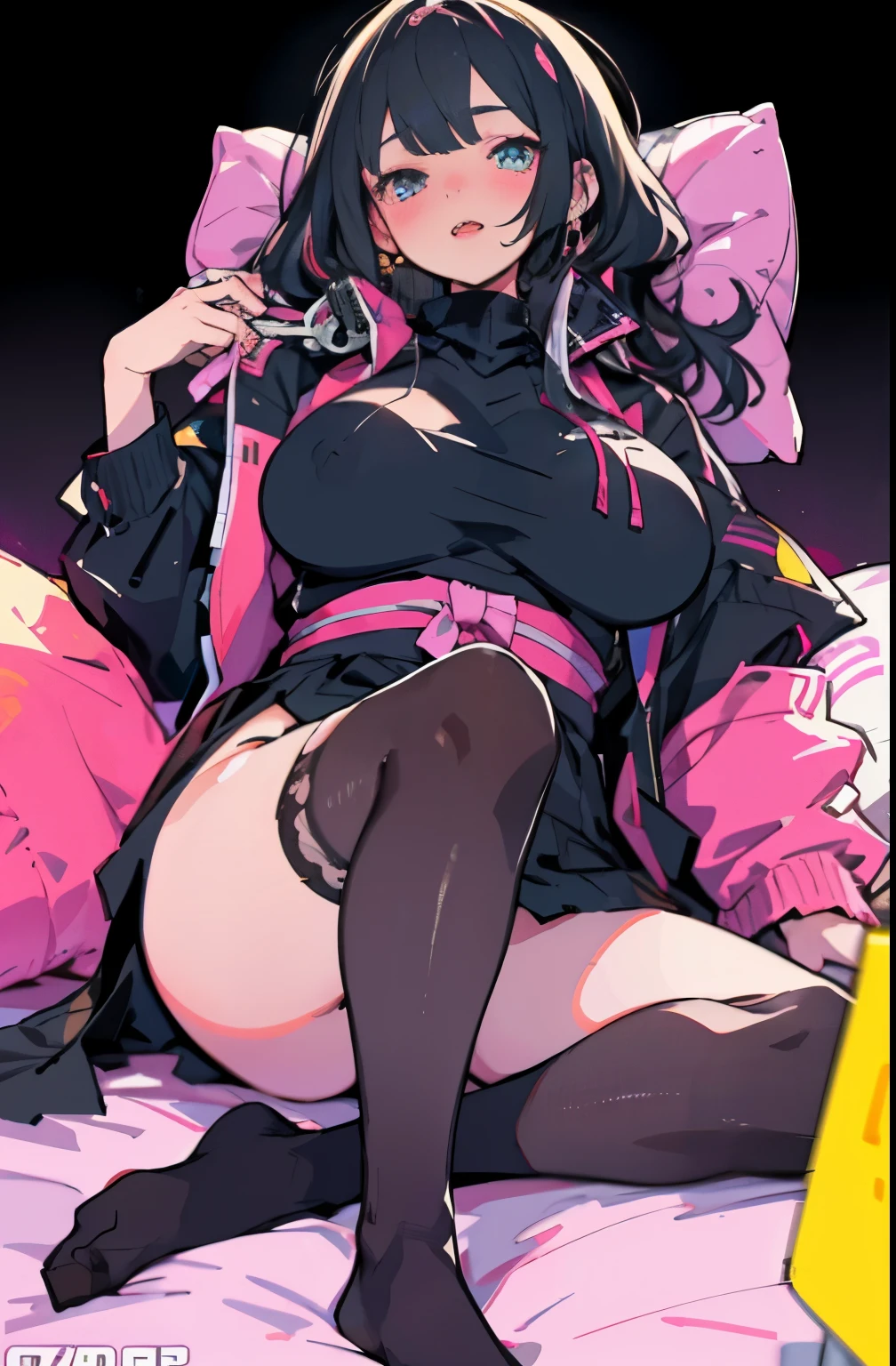 city pop, night, neon light, looking at another, vector illustration, masterpiece, best quality, ultra detailed, highres, high-resolution, highly detailed, super detailed skin, detailed beautiful eyes, (detailed beautiful face), highly detailed background, 1 japanese girl, 18 years old, (lying on back:1.3), full body, plump body, huge breasts, thin waist, big hip, knee socks, ((expressionless, nose blush, open mouth))