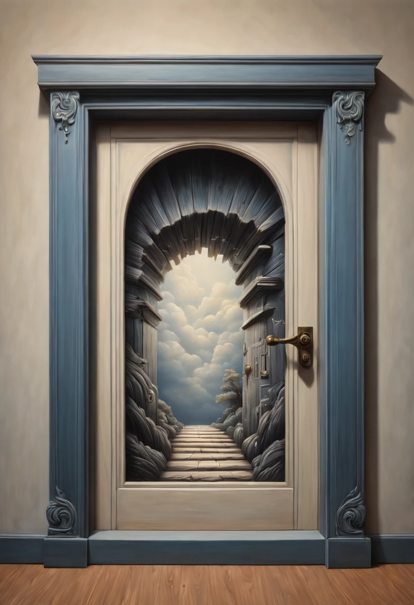 Optical Illusion, a 3d painting with painting frame on the wall, hand draw, 3D painting of door, reality, fantasy art, enhance, intricate, (best quality, masterpiece, Representative work, official art, Professional, 8k)