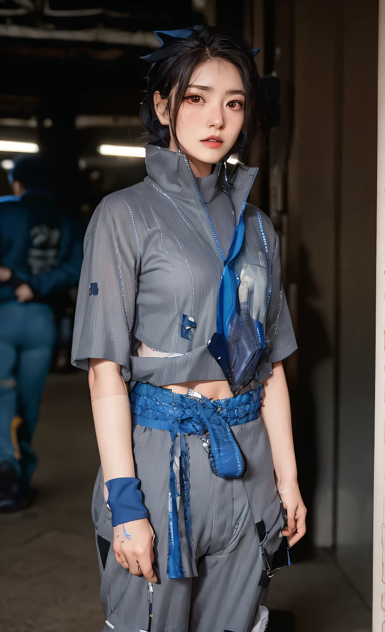 arafed woman in a gray shirt and blue pants standing in the dark, wearing japanese techwear, photograph of a techwear woman, kunoichi, rin, model is wearing techtical vest, japanese model, muted cyberpunk style, cai xukun, 2 techwear women, japanese clothes, intricate hakama, inspired by Asai Chū, lunar themed attire