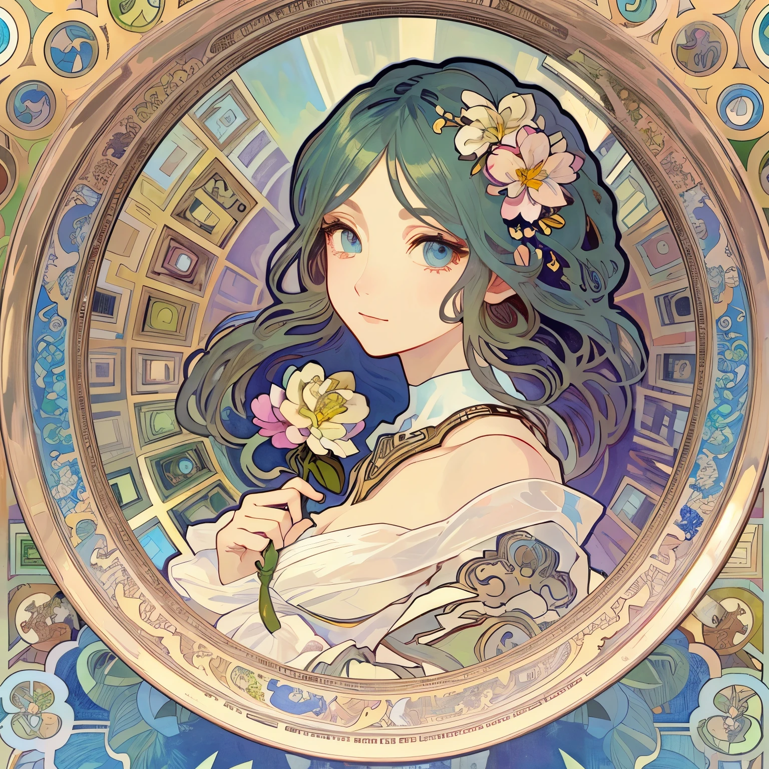 Beauty 1 person、(masterpiece、highest quality、highest quality、beautiful and aesthetic:1.2)、round picture frame、Rainbow-colored、Shining jewelry hair ornament、flowers in full bloom、detailed jewelry、dynamic、Based on the concept of an elegant woman、(((Alphonse Mucha)))、Shining eyes、colorful hair、Fluttering petals、Gradation、hyperdetailed intricately detailed, unreal engine, wonderful, intricate details, splash screen, complementary color, 8K resolution, 逸脱のmasterpiece、Branded hair、fluttering hair、hazy look、snow、camellia