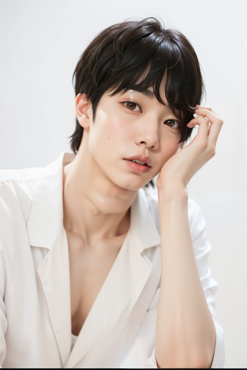 arafed asian man with a white shirt and black hair, hyung tae, taejune kim, jimin, kim doyoung, jimin\'s plump lips, jung jaehyun, hwang se - on, seseon yoon, siwoo kim, park jimin, hong june hyung, with short hair, delicate androgynous prince, korean artist