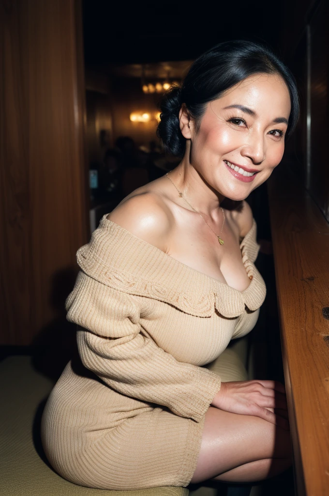 hyper detailed, absurdres, bar, old woman, delightful, smiling, legs spread, sitting, (super large breasts: 1.28), looking at viewer, looking ahead, half updo, black hair, fair skin, wrinkles skin, detailed skin, detailed face, plump, glamorous, beautiful breasts, beautiful ass, dress, off shoulder, mini skirt, underwear, off shoulder top, piercing, necklace, high heels, beauty mark, nail polish, chubby, delicate facial features, old, japanese, Scene of Pleasure, inside, in the bar, with a sofa, with a table, at night, ultra realistic photo, 2000s, nsfw, full body shot, wide shot, from front, extreme wide shot, cowboy shot
