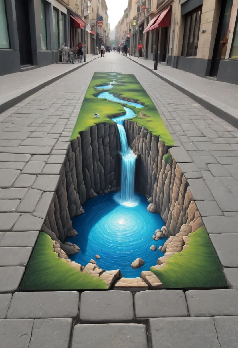 Optical Illusion, a 3d painting on the street, hand draw, reality, fantasy art, enhance, intricate, (best quality, masterpiece, Representative work, official art, Professional, 8k)