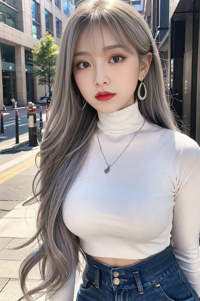 Beautiful girl college student,masterpiece,light makeup,red lips,silver hair,messy long hair,street background,beautiful,grace。super fine details,work,authentic texture,Realistic movie lighting,完美的work,8K,HD,exquisite features,White Skinny Turtleneck Top,White Micro lim body shape,big and bright eyes,,earrings,necklace