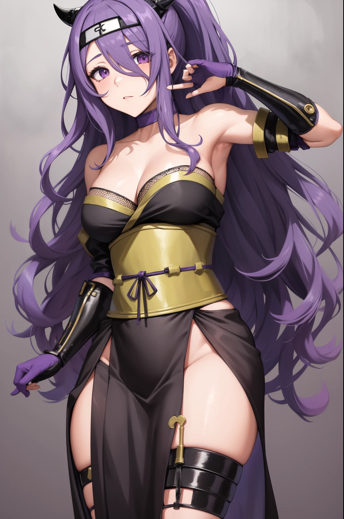 masterpiece, best quality, ninCamilla, ponytail, choker, forehead protector, japanese clothes, strapless, fingerless gloves, sash, fishnets, pelvic curtain, tabi, looking at viewer,