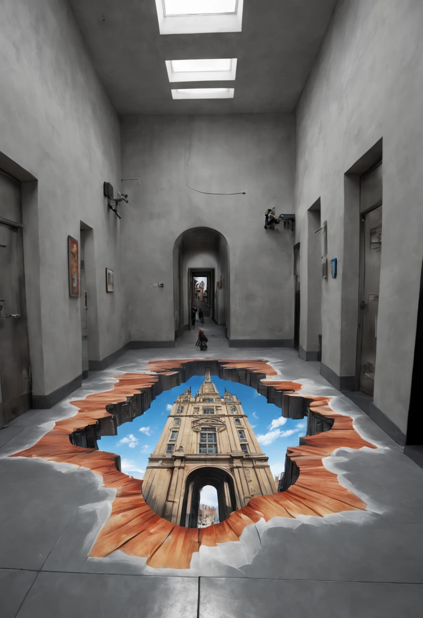 Photorealistic Image Prompt: (An astonishing anamorphic illusion) painted on the floor of a large, open space. The artwork features a distorted and elongated image that can only be perceived correctly when viewed from a specific angle or vantage point. The anamorphic illusion seamlessly integrates with the environment, creating a mind-bending experience for the viewer. Photograph, Trompe-l'oeil, Realism, Julian Beever, Edgar Müller, Felice Varini, DSLR with a wide-angle lens, Top-down perspective, The photograph should capture the illusion's incredible realism and precision, highlighting the seamless integration with the environment. Pay attention to lighting, ensuring that the artwork's shadows and highlights enhance the illusion's three-dimensionality. The image should be high resolution, allowing viewers to appreciate the intricate details of the anamorphic artwork.