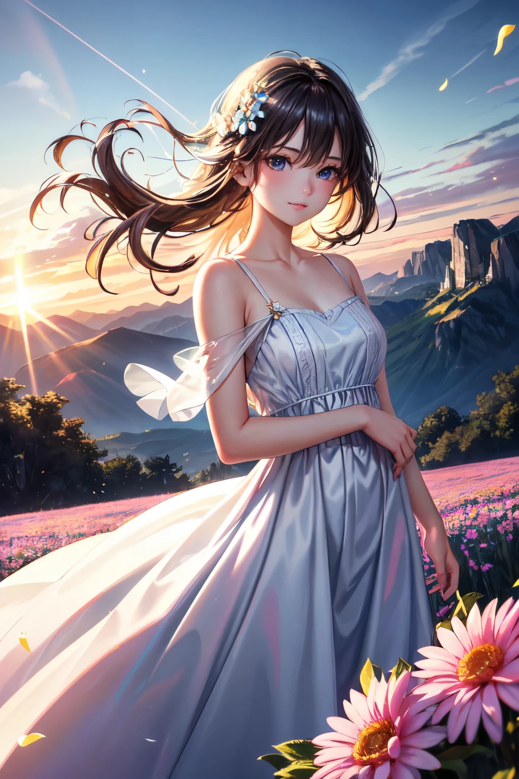 #imagination 1girl with a light, dynamic angle, surrounded by pianos, clouds and mountains in the distant background. A flower field blossoms in the foreground, with white dresses fluttering gently in the scene. Light tracing softly illuminates the scene, while floating, colorful winds add a playful touch (1.4). This official art piece, created in Unity with 8k resolution, boasts ultra-detailed beauty and elegance. The girl's glowing skin catches the cinematic lighting, accentuating her beautiful features. She wears a serene expression, indulging in a gentle light smile (1.4). The best quality masterpiece exudes a