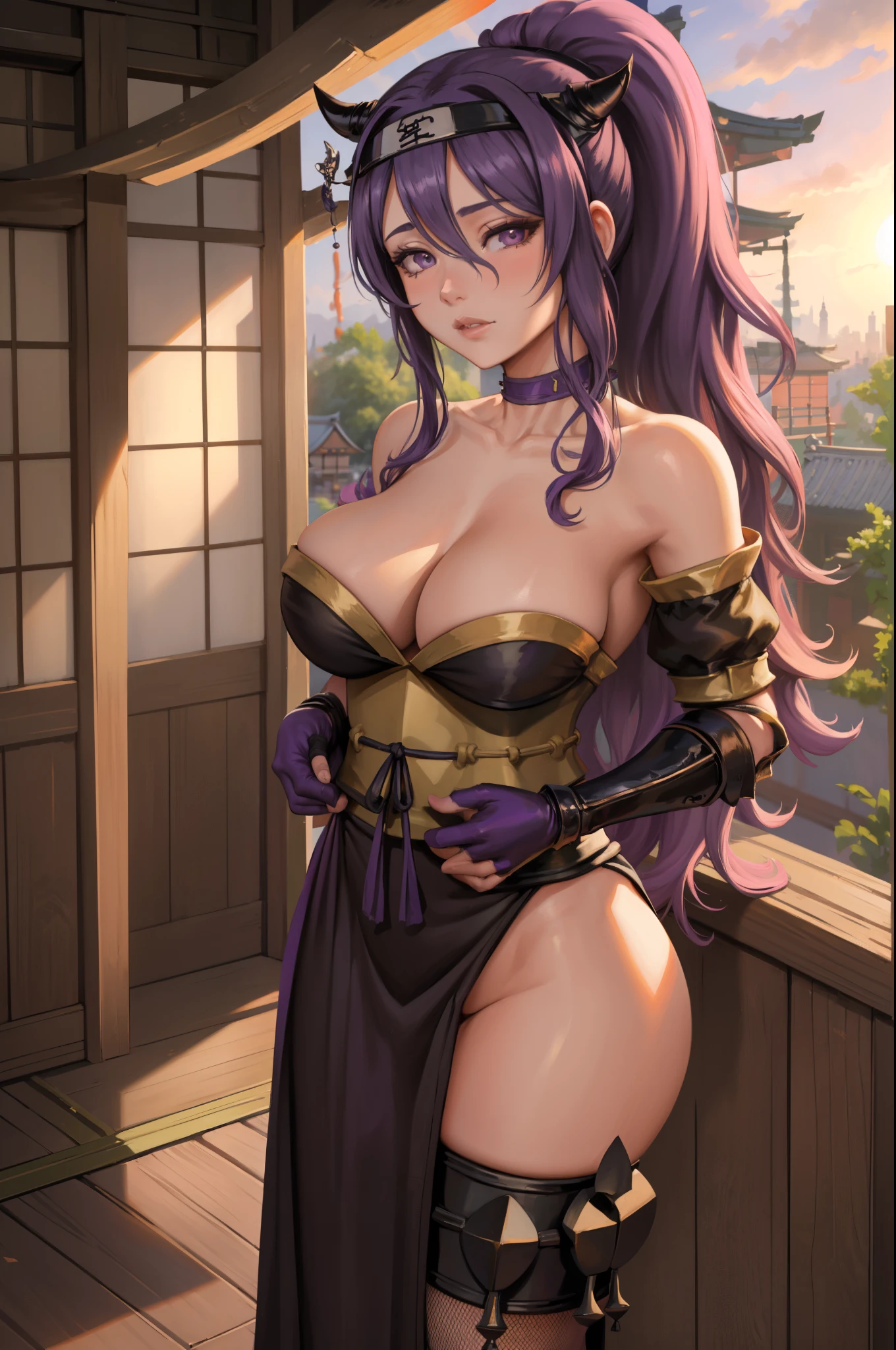 masterpiece, best quality, ninCamilla, ponytail, choker, forehead protector, japanese clothes, strapless, fingerless gloves, sash, fishnets, pelvic curtain, tabi, looking at viewer, standing, sun, field, pagoda, japanese architecture 