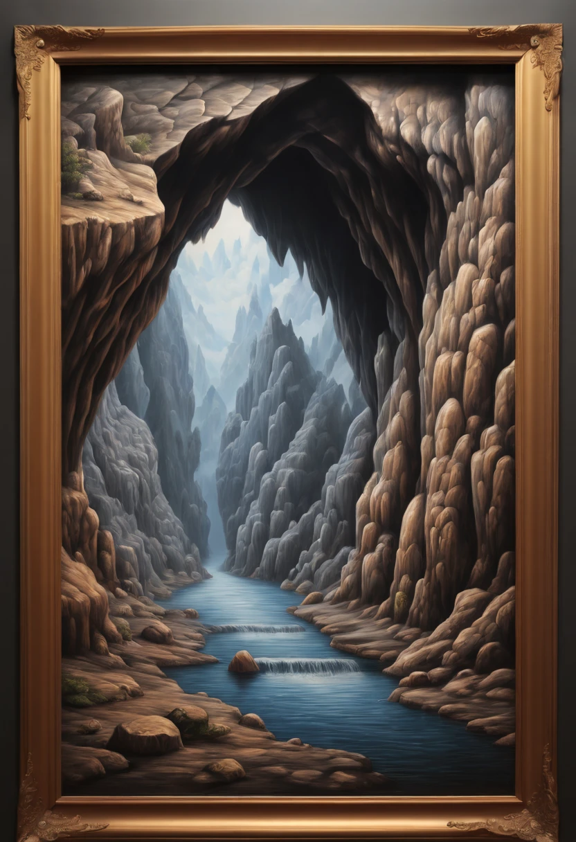Optical Illusion art, Optical Illusion effect, 3d painting of cliff on the street, hand draw, reality, fantasy art, enhance, intricate, (best quality, masterpiece, Representative work, official art, Professional, 8k)
