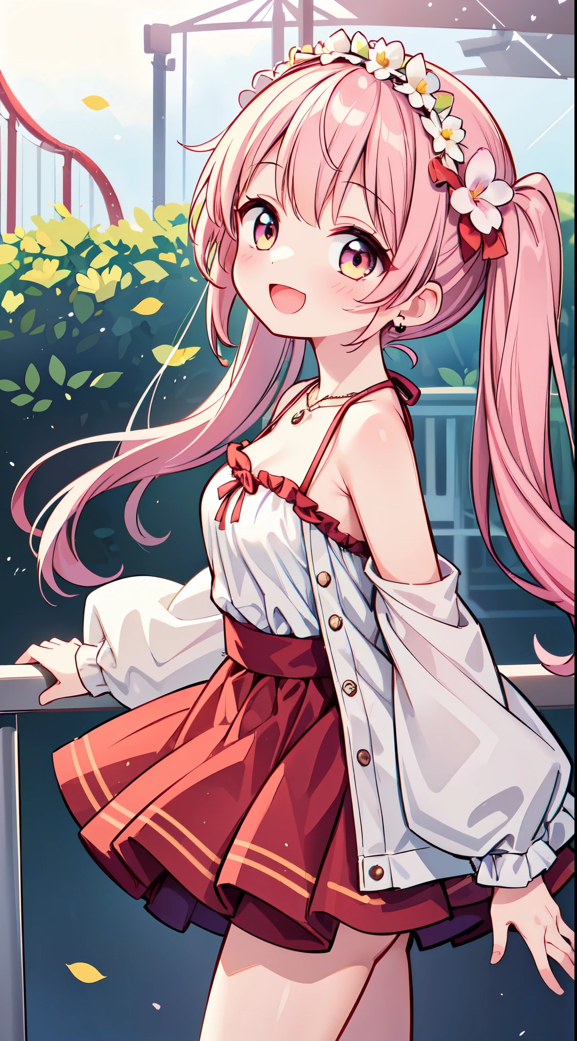 1 girl, long Hair, pink hair, ponytail, yellow eyes, ((cute cloth)), smile, (((cute pose))), (cowboy shot), ((cute background)), ((32K)), ((best quality)), ((ultra high res)), ((HDR)), ((uhd)), ((extremely detailed CG)), ((unity 32K wallpaper)), ((perfect anatomy)), (((illustration))),