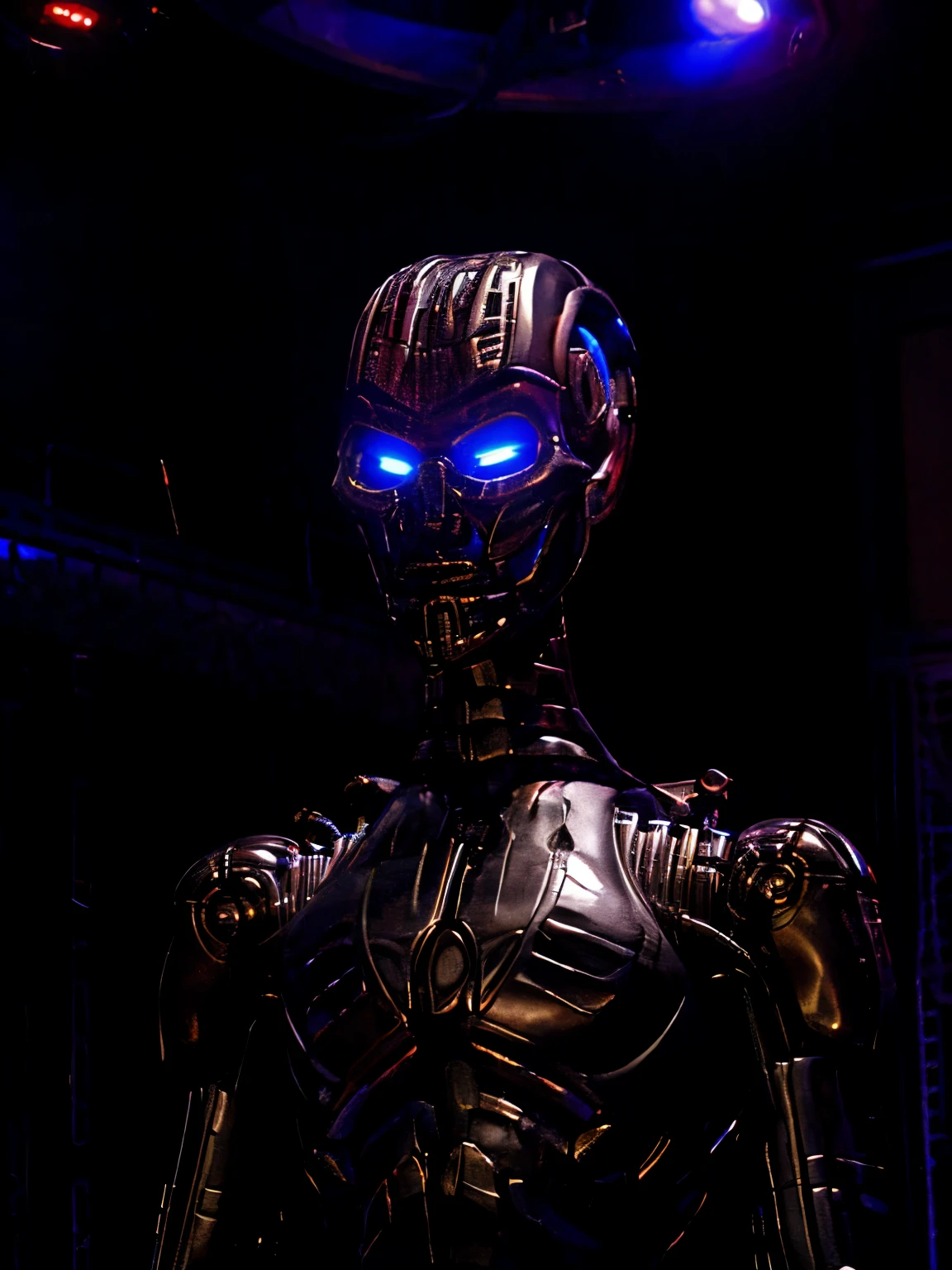 realistic, TX robot in a room, dark lighting, apartment room, (TX Endoskeleton:1.5), detailed TX endoskeleton, ultrarealistic TX endo, (deep focus), (sharp details), (detailed environment:1.1), best quality, ultra HD 8K