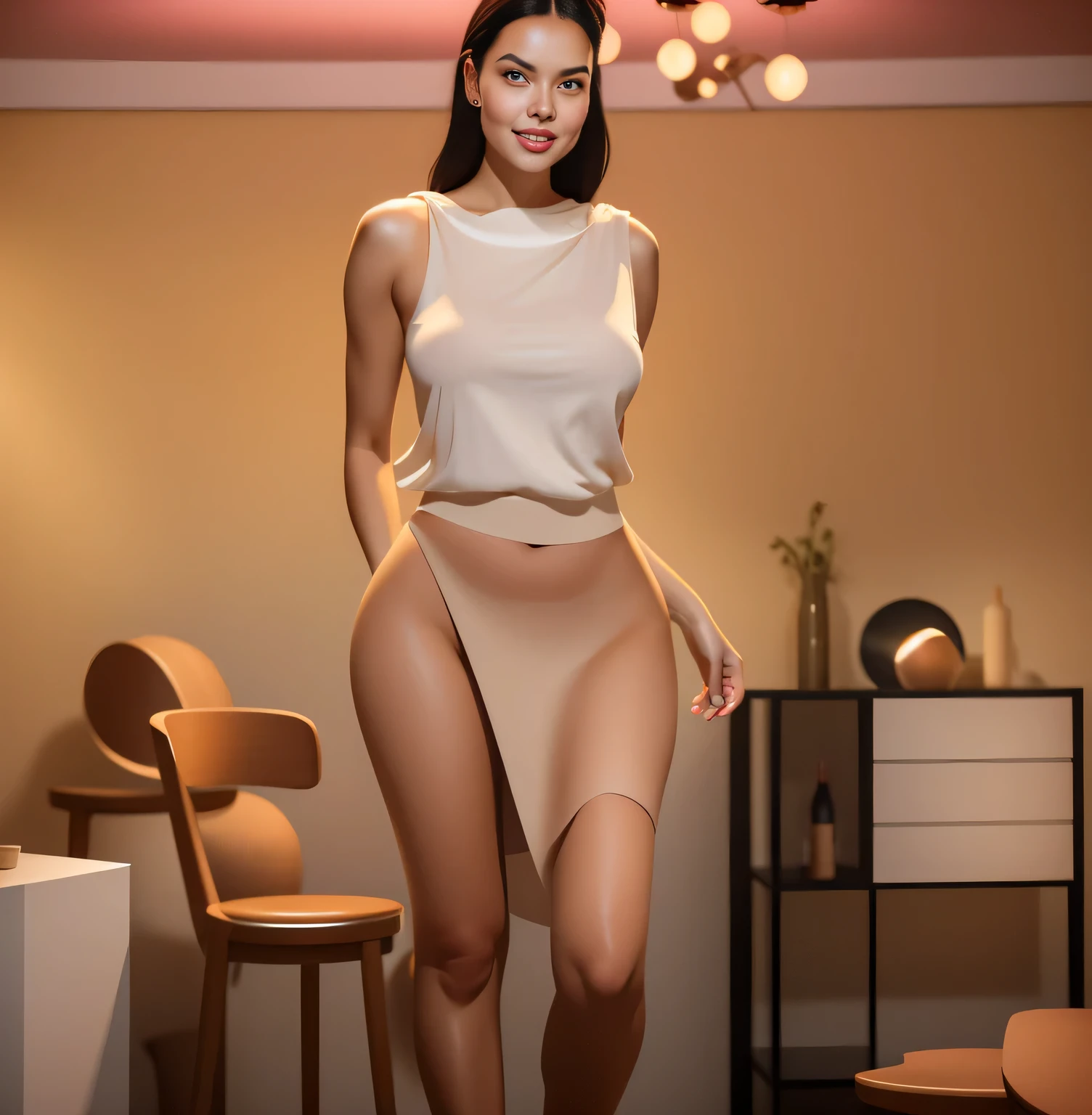 There is a woman standing in a room, Saia bege, blusa branca de gola alta, mulher bebendo. Mulher com pele branca e cabelos escuros. Seu vermelho, slightly plump lips are like a delicate flower, e ela grande, olhos encantadores parecem conter um mundo de maravilhas. Ela tem 30 anos. Ela tem 162 cm de altura e seu corpo pesa 56 kg. Your body exudes glamor and your face is the definition of beauty. pernas bem torneadas. Altamente realista, pele avermelhada, beautiful lips, sorriso, feeling of lightness and joy, hiperrealismo, pele muito elaborada, olhar direto, trabalho de arte, alta qualidade, grande clareza, high resolution, 8k.