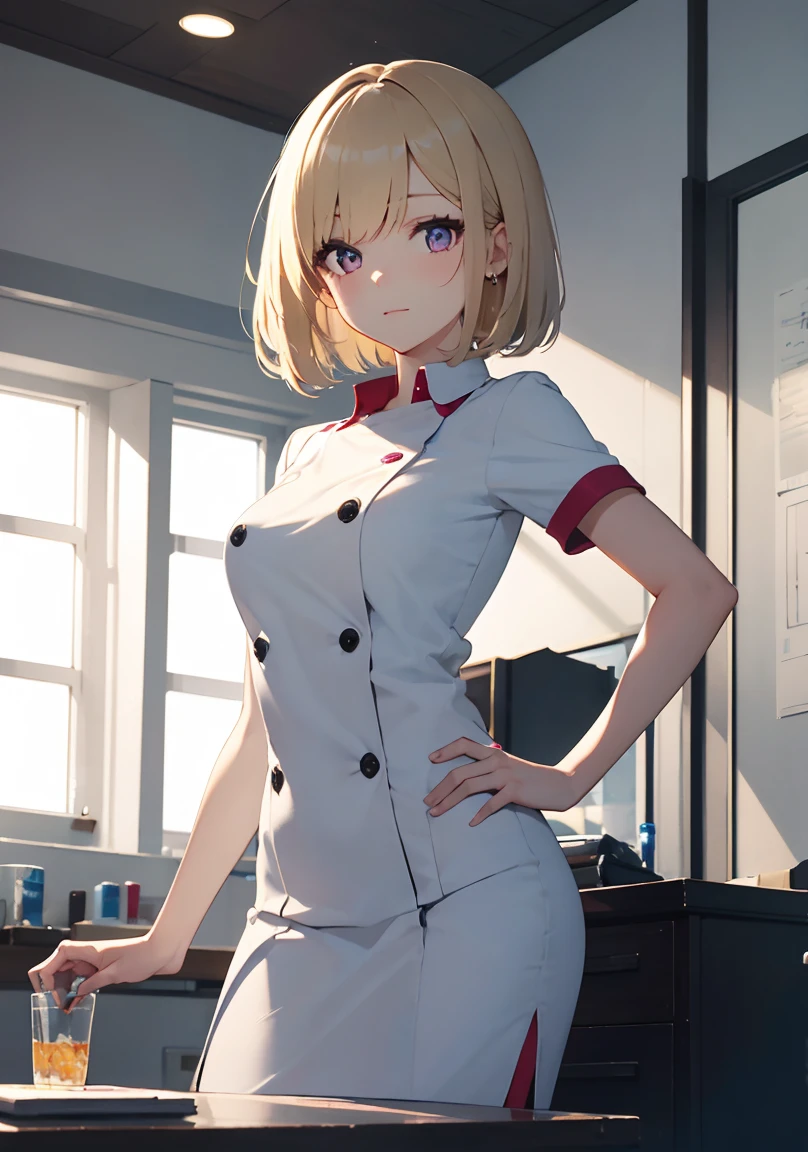 masterpiece, absurdres, best quality, ultra detailed, high Resolution, detailed illustration, extremely beautiful detailed face and eyes, bright colour, 1girl, (), cute face, Delicate beautiful face, magenta eyes, cute eyes, sparkling eyes, big eyes, medium breasts, (perky breasts:1.1), (pointy breasts:1.1), medium hips, glamorous body, white skin, happy, BREAK, long bob cut, (blonde hair:0.8), messy hair, detailed hair, shiny hair, BREAK nurse uniform, tiny ribbon, health check, Physical examination, hospital, real world, natural lights, perfect lighting,