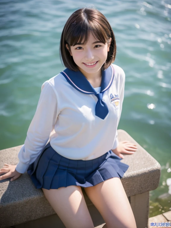 (8K), (Best Quality: 1.2), (Realistic), (Photorealistic: 1.37), Ultra High Definition, Japanese girl, 1 Girl, 18 years old, Cute, Smiling, Beautiful Details, Beautiful Nose, Full Body, erect body, Thighs, school girl, short hair, round eyes, at a bayside, view from sky above, 