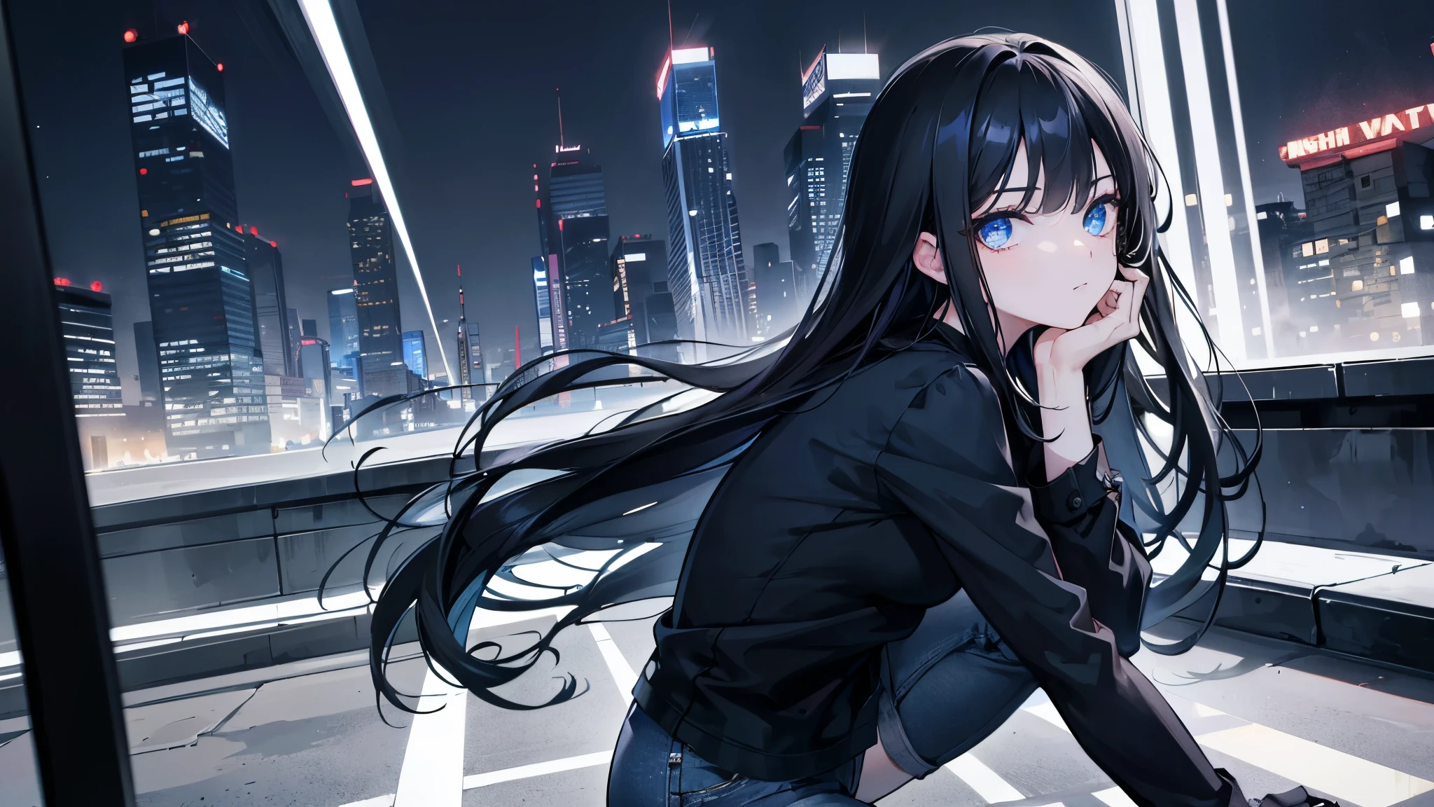1girl, Long black hair, Blue eyes, perfect face, wearing plain black shirt, denim shorts, Night City, absurdres, high res, ultra sharp, 8K, masterpiece, looking at viewer