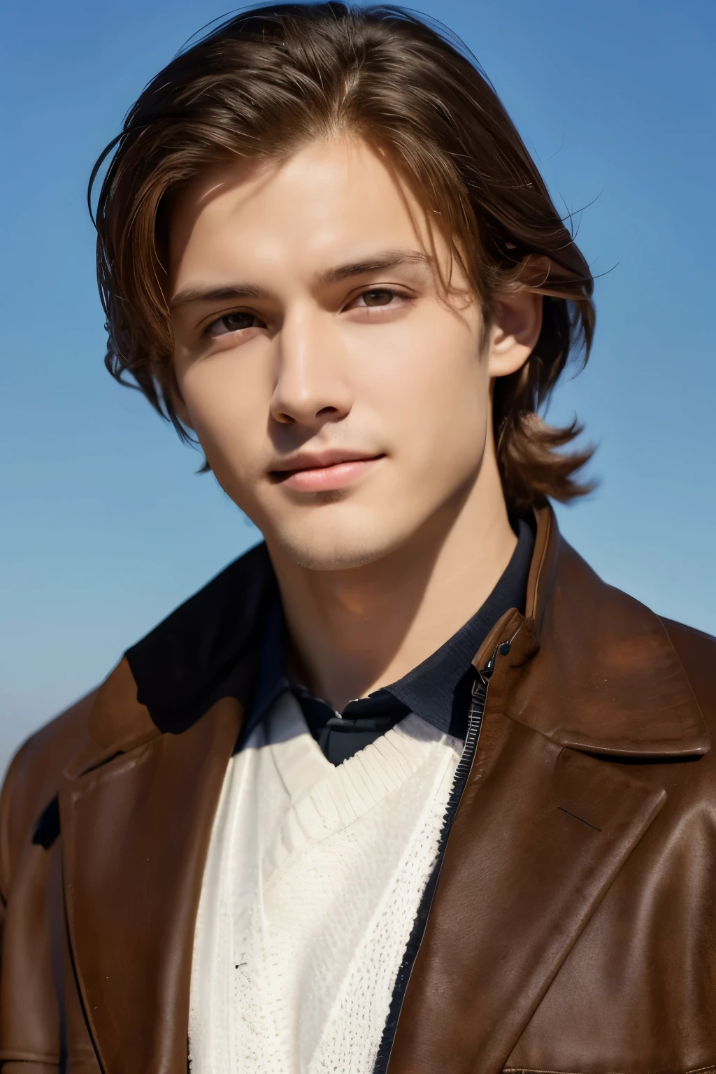 masterpiece, highest quality, to be born, style, Stunning half-body portrait of a very handsome man, Messy light brown hair, white skin, bright honey eyes, Wearing a black jacket, Deeply focused expression,, sharp focus, intricate details, clear sky background、smile just a little、black jacket