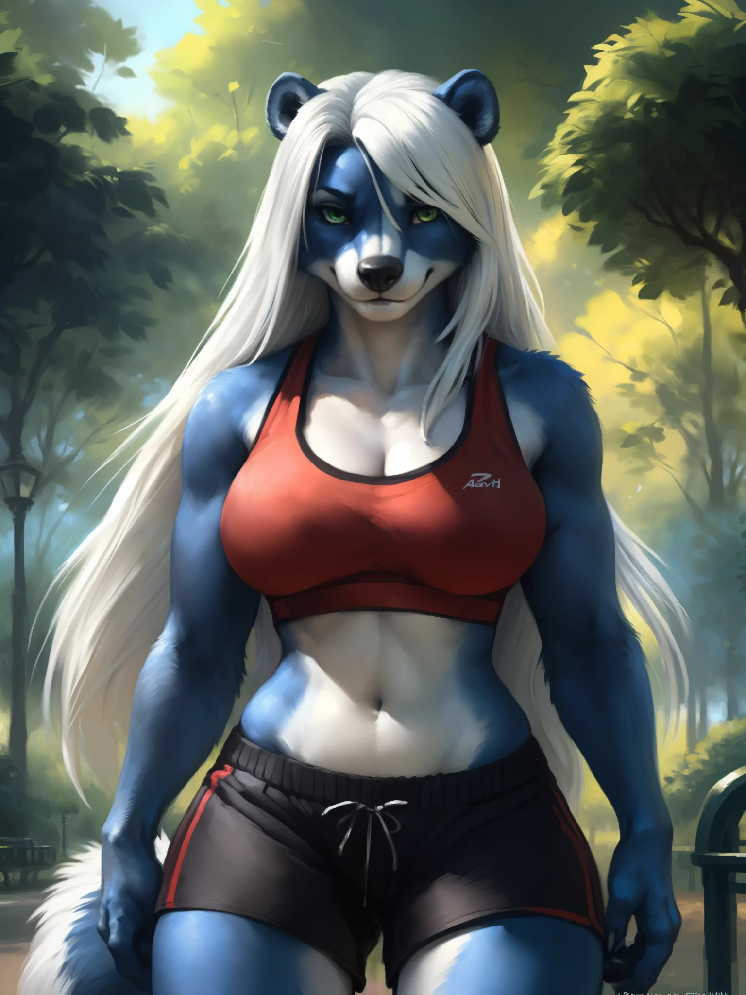 front view, close up view, third person view, a beautiful and detailed portrait of a huge female feral mephitid, skunk, buff, tail, kenket, Ross Tran,ruan jia, trending on artstation,foxovh, cenematic lighting, vip, body, full body, lookin at viewer, standing, (((park)) sad, , big  (((red sports bra, black shorts))), sexy body, attractive body, curvy body, ((short hair style)), gorgeous body, (((dark blue body, white skin, long hair, white hair))), front view, green eyes,
