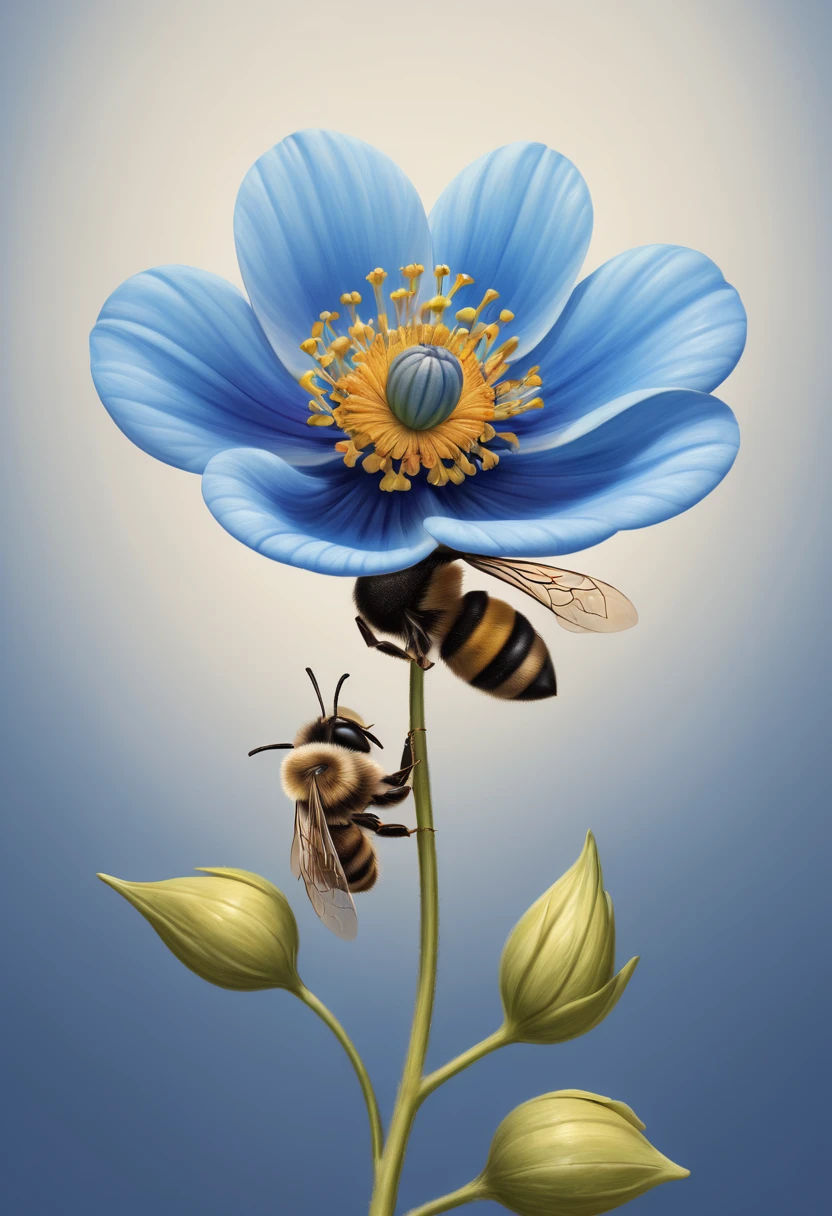 In an incredible trompe l'oeil effect, the flower looks precisely like the rear of a female bee with its head buried in a blue-petalled flower, hand draw, reality, fantasy art, enhance, intricate, (best quality, masterpiece, Representative work, official art, Professional, 8k)