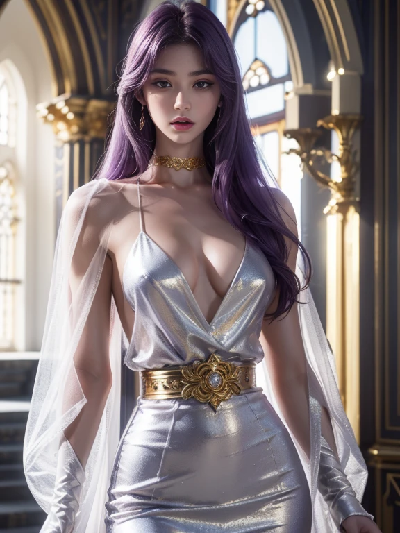 1 girl realistc age 19, athena, aesthetic artwork, irish, long purple hair, grayeyes light, some small freckles on the face, pale skin, A-cup, medium breasts, slim body, runners body, (textured skin, skin pores:1,1), (moles:0,8), imperfect skin, (Saint Seiya Athena long dress fantasy realistic white,v-neckline to the chest, intrincate detail, long dress fantasy princes, high detailed), ((high gold belt with encrusted jewels)), (extremely detailed 8K wallpaper),soft lighting, high quality, film grain, fujifilm XT3 sharp focus, f 5.6, 50mm, high detailed, sharp focus, complex details, standing, SaintseiyaSaoriKido