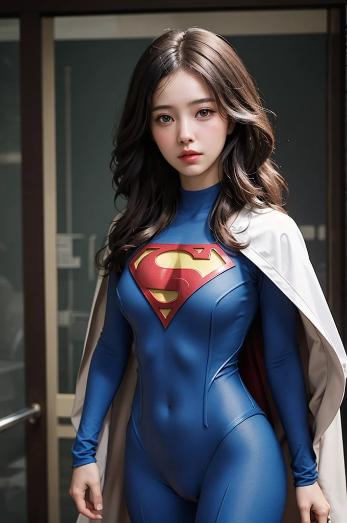 (Photorealistic:1.37), Highest Quality, masutepiece, 超A high resolution, (Healthy skin tone), BREAK, Solo, Cinematic, fighting poses, (She wears DC's Supergirl costume suit:1.2), S mark on chest, Red short skirt, Long Red Cloak, A fearless smile appears on her beautiful face, Elegant, Light brown short hair, Beautiful body like a supple athlete, Very sparkly oily skin, Large breasts, Big hips, plein air, Skyscraper Area, BREAK, Highly detailed beautiful eyes and face, Detailed fabric texture, Insanely detailed realistic skin texture, (Correct body balance), Top-quality lighting that doesn't darken your face when backlit