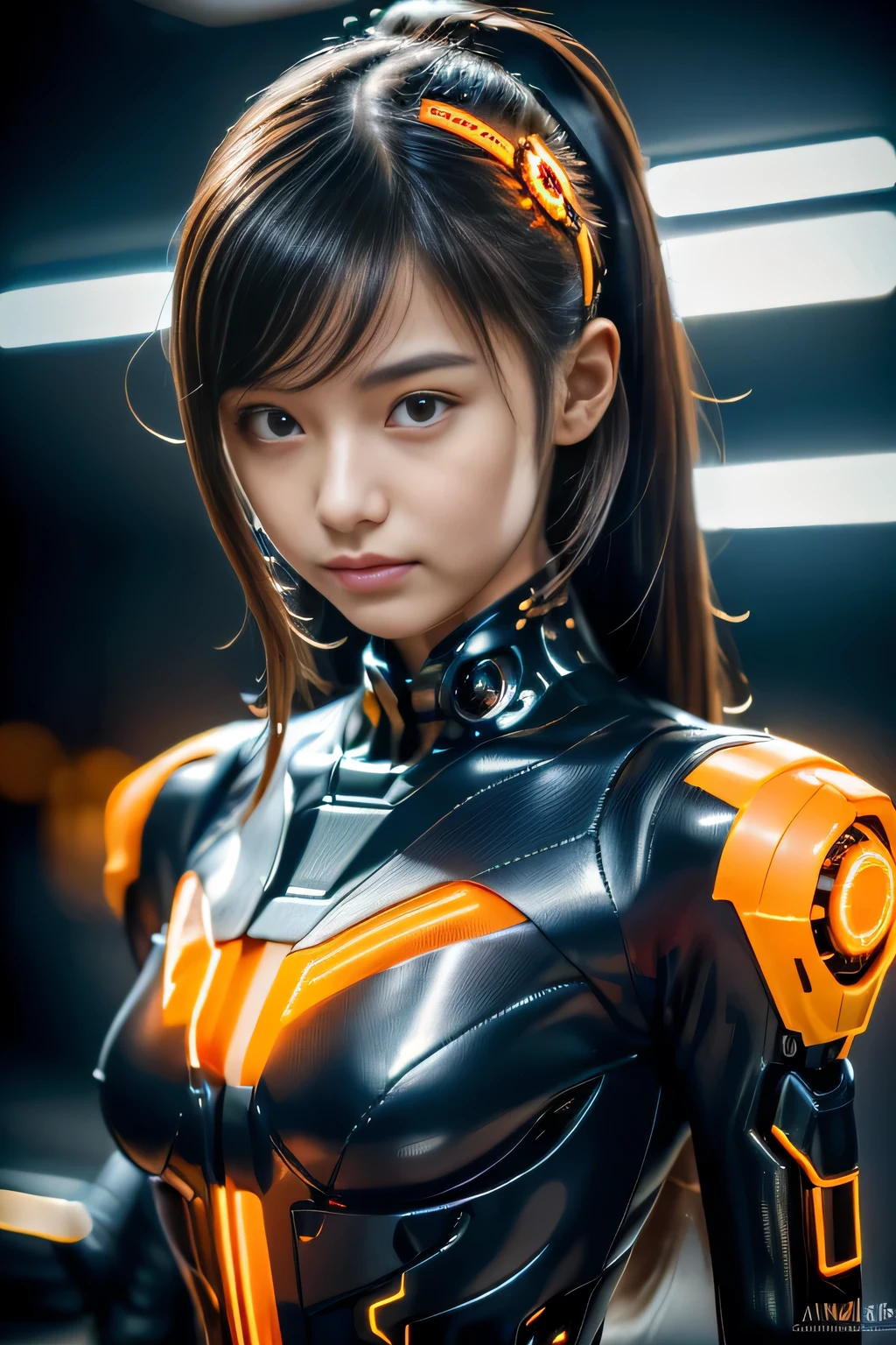 (masterpiece:1.3), (8K), (highest quality:1.4), (UHD:1.2), (realistic:1.3), (Raw photo), (1cyborg girl), (Ultra high definition), (detailed face), very perfect beautiful and cute face, (fine hair), Medium Long Straight Hair, beautiful hair, bangs, (symmetrical eyes:1.3), (fine eyes), (fine skin), realistic skin, shiny skin, ultra high resolution, (medium breasts), (slim body shape), (super model figures), 20 years, Japanese,
( mechanical suit, A suit with an intricate pattern that emits black and orange neon lights.:1.3, (Neon luminescence with intricate orange pattern:1.3), cyborg, android, gynoid cyborg body, perfect cyborg woman, machine arm:1.5, futuristic short headset ), Walking through the Cyber City