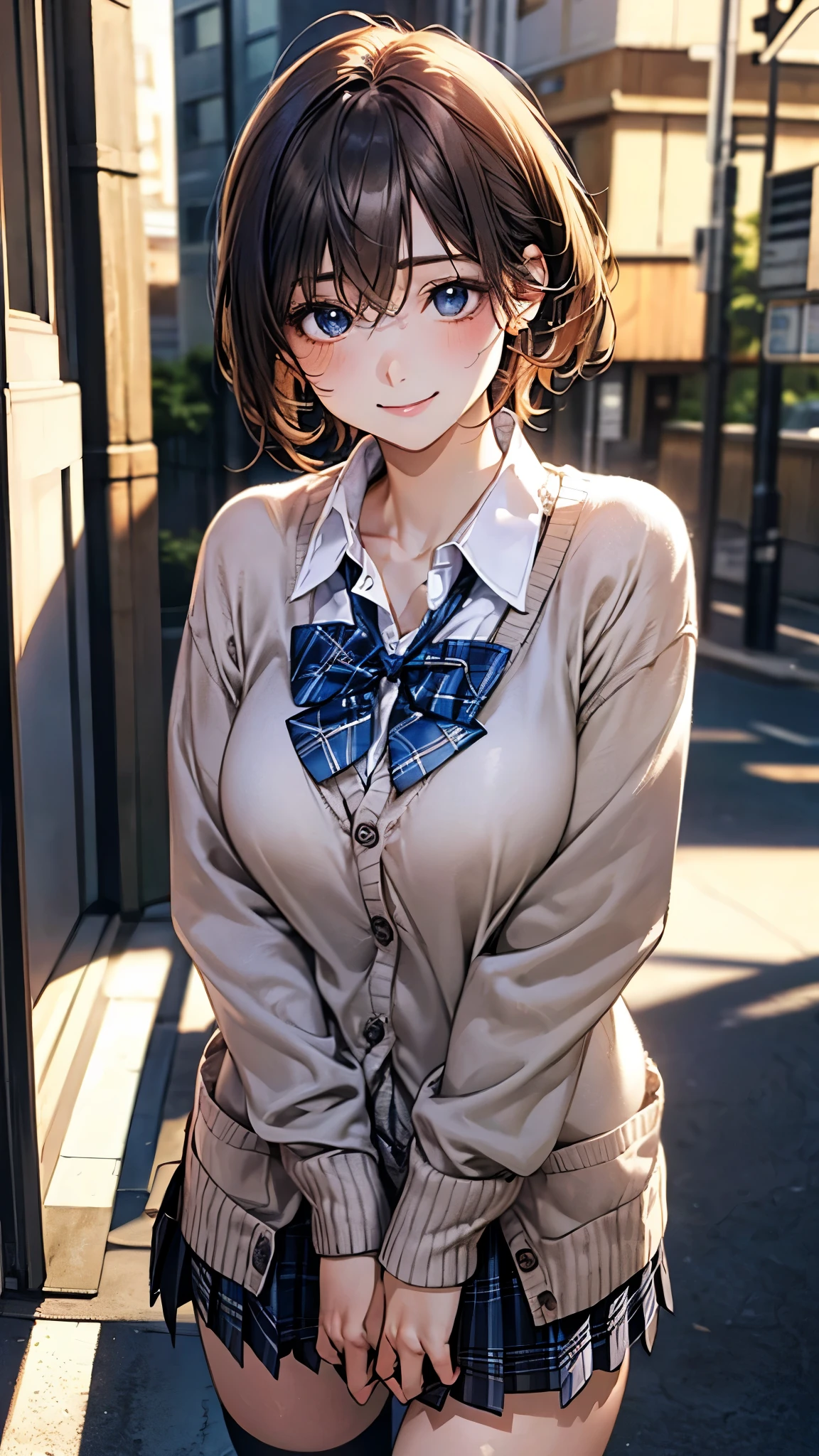 (masterpiece:1.2, top-quality), (realistic, photorealistic:1.4), beautiful illustration, (natural side lighting, movie lighting),
looking at viewer, cowboy shot, front view, 1 girl, japanese, high school girl, perfect face, cute and symmetrical face, shiny skin,
(short hair:1.2, pobytail:1.2, brown hair), hair between eyes, blue eyes, long eye lasher, (large breasts:0.6, seductive thighs),
beautiful hair, beautiful face, beautiful detailed eyes, beautiful clavicle, beautiful body, beautiful chest, beautiful thigh, beautiful legs, beautiful fingers,
(((black hoodle, open hoodle), long sleeve white collared shirts, navy pleated skirt, white loose socks, blue plaid bow tie ,light brown cardigan)),
(beautiful scenery), evening, riverside, (hand in my pocket), , (lovely smile, upper eyes),