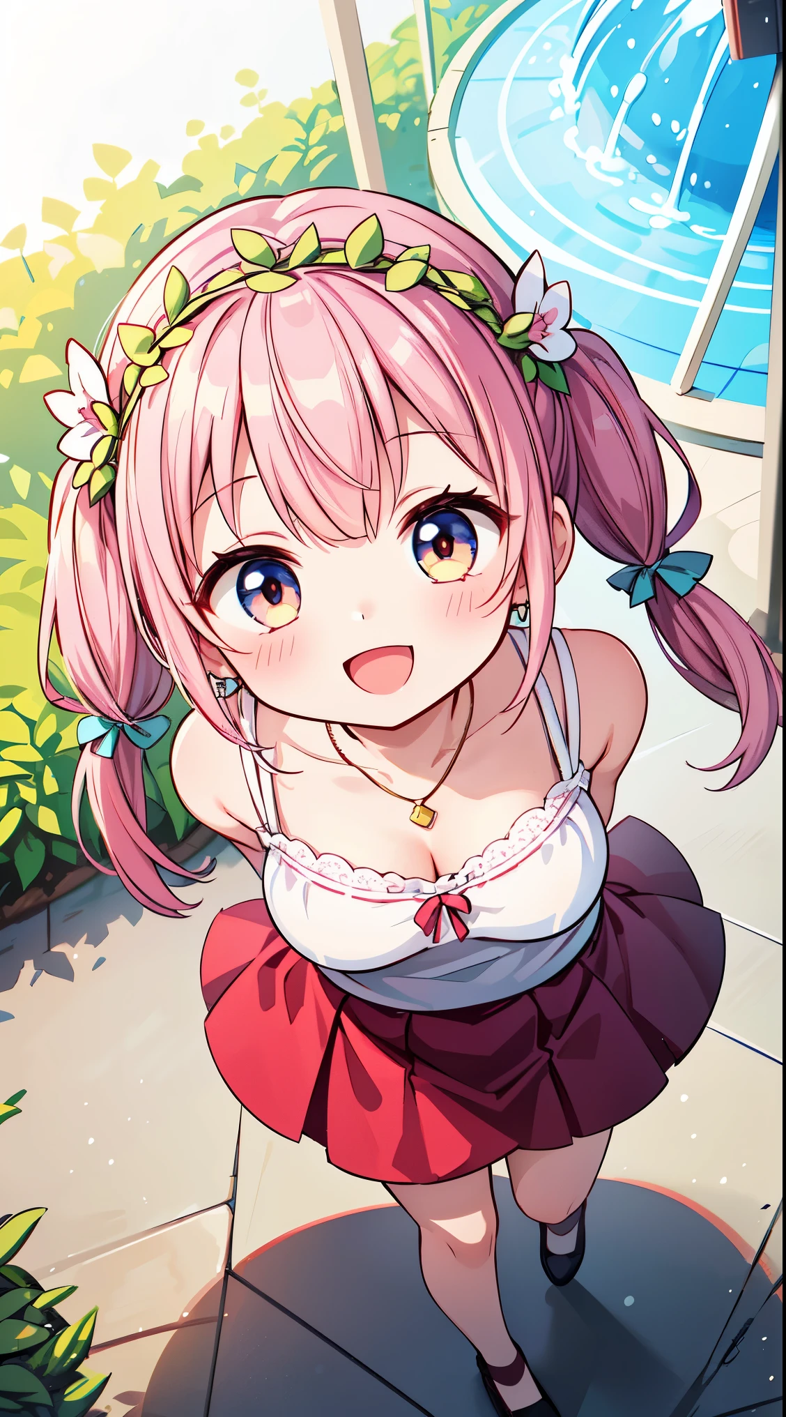  best quality, expressive eyes, perfect face,,full body,very long hair,pink hair,shining pink eyes,poncho,strawberry hair ornaments,flower ornaments, cute smile, loli body, loli curve, ,  kindergarten, garden ,cute,kawaii,squatting ,sweat, ,heart spawn,from under view,bottomless,pussy,urinate