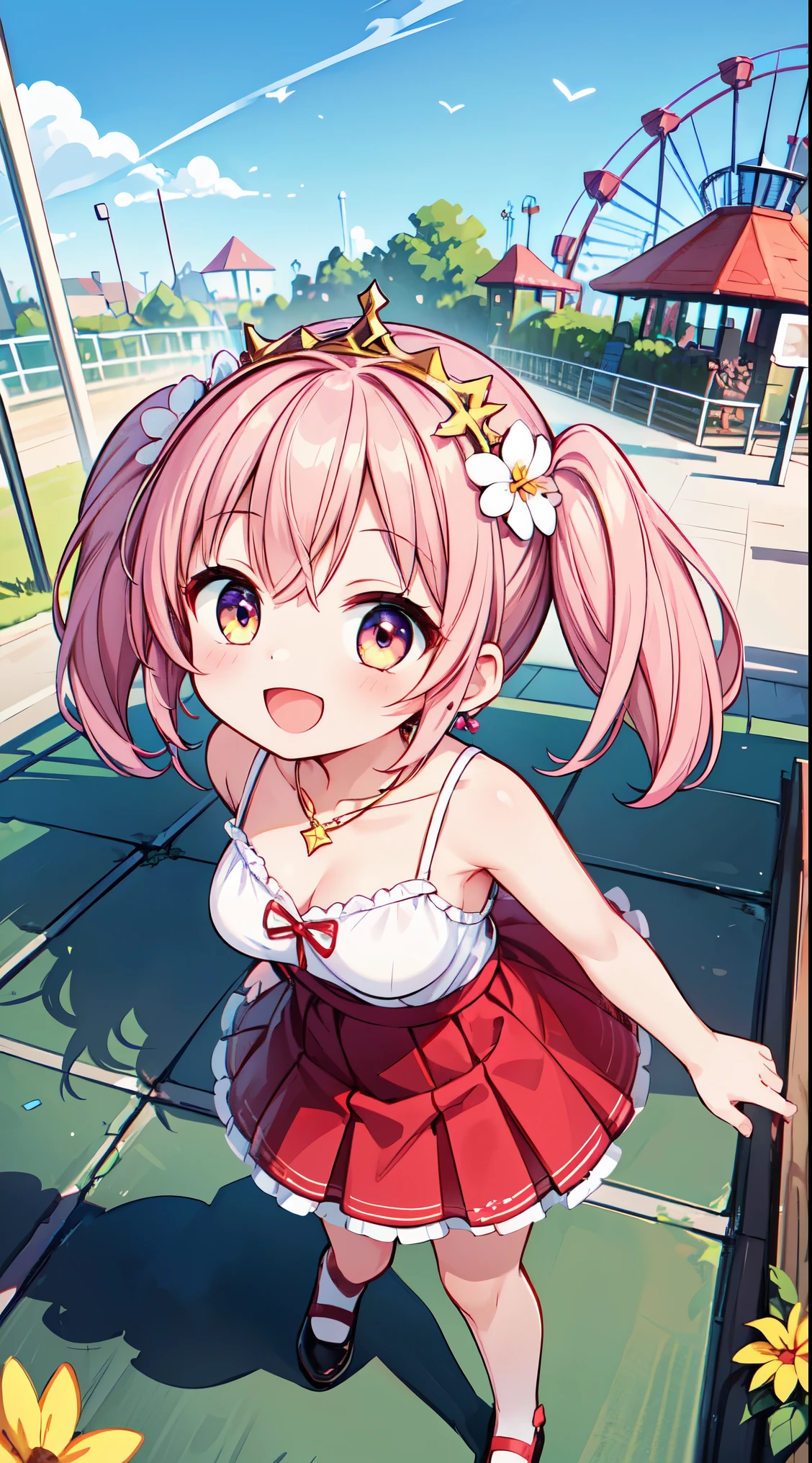 (super fine illustration:1.2),(masterpiece, 8k), (best quality, high quality:1.4), perfect anatomy, hyper detailed, ultra detailed,masterpiece background,beautiful detailed background, v8k wallpaper,perfect design,award-winning art,atmospheric,
BREAK, 1 beautiful girl, Solo,(Cute:1.5),(Chibi:0.8), (kawaii:1.5),(:0.5), BREAK, (girl, Cute, Cheerful, face, medium breasts:1.2),(Pink hair,disheveled short twin tails,tareme,Gold eyes:1.2),gleaming skin,Clear skin, cleavage of the breast,Beautiful , gleaming skin,Clear skin, Beautiful skin,( A smile:1.5),(best quality face),(Top quality glowing eyes),(The best smile,:D:1.45),
BREAK, (1girl, solo, looking at viewer, walking:1.2), (Amusement park:1.2), (attractions, theme parks, roller coaster:1.2), (ferris wheel:1.2), (flower, fountain:1.2), (outdoor:1.2), beautiful detailed sky, dating, sunlight, beautiful lighting, volumetric lighting,
BREAK ((white camisole), detailed frilled camisole), (red skirt, detailed laced skirt), (tiara, necklace, earrings), (flower crown, flower head, side flower head, flower hair ornament:1.5)
BREAK,wakame,wakame,wakame,(looking up,from above:1.5) ,上目遣い,
BREAK,(Blurry background:1.3),(absurderes, hight resolution, Super Detail Art),cel shading,Clear Color, Lonely optical effect, Beautiful pictures, Bright glow, mystic atmosphere,(Close-up of girl:1.1), Mystical light particle effect,manga influence, clean line drawings,