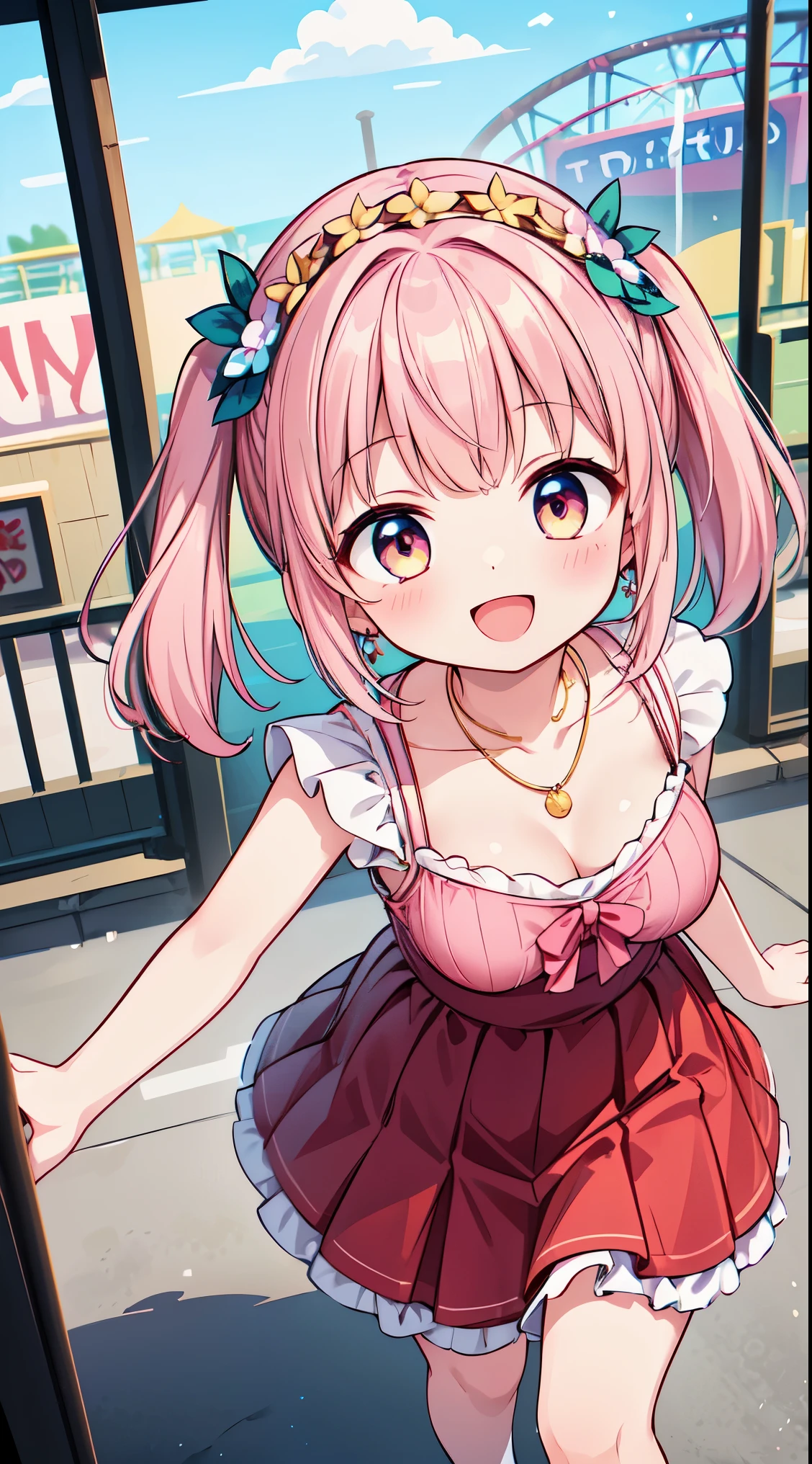 (super fine illustration:1.2),(masterpiece, 8k), (best quality, high quality:1.4), perfect anatomy, hyper detailed, ultra detailed,masterpiece background,beautiful detailed background, v8k wallpaper,perfect design,award-winning art,atmospheric,
BREAK, 1 beautiful girl, Solo,(Cute:1.5),(Chibi:0.8), (kawaii:1.5),(:0.5), BREAK, (girl, Cute, Cheerful, face, medium breasts:1.2),(Pink hair,disheveled short twin tails,tareme,Gold eyes:1.2),gleaming skin,Clear skin, cleavage of the breast,Beautiful , gleaming skin,Clear skin, Beautiful skin,( A smile:1.5),(best quality face),(Top quality glowing eyes),(The best smile,:D:1.45),
BREAK, (1girl, solo, looking at viewer, walking:1.2), (Amusement park:1.2), (attractions, theme parks, roller coaster:1.2), (ferris wheel:1.2), (flower, fountain:1.2), (outdoor:1.2), beautiful detailed sky, dating, sunlight, beautiful lighting, volumetric lighting,
BREAK ((white camisole), detailed frilled camisole), (red skirt, detailed laced skirt), (tiara, necklace, earrings), (flower crown, flower head, side flower head, flower hair ornament:1.5)
BREAK,wakame,wakame,wakame,(looking up,from above:1.5) ,上目遣い,
BREAK,(Blurry background:1.3),(absurderes, hight resolution, Super Detail Art),cel shading,Clear Color, Lonely optical effect, Beautiful pictures, Bright glow, mystic atmosphere,(Close-up of girl:1.1), Mystical light particle effect,manga influence, clean line drawings,