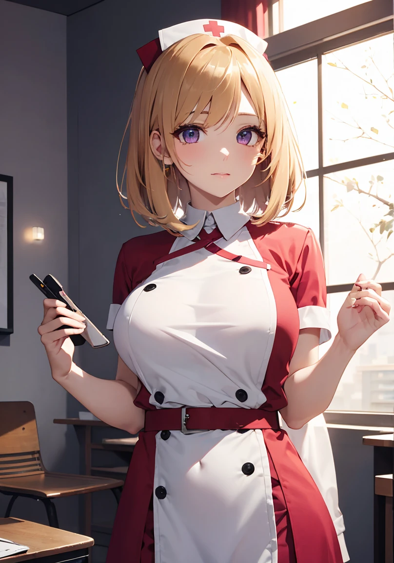 masterpiece, absurdres, best quality, ultra detailed, high Resolution, detailed illustration, extremely beautiful detailed face and eyes, bright colour, 1girl, (), cute face, Delicate beautiful face, magenta eyes, cute eyes, sparkling eyes, big eyes, medium breasts, (perky breasts:1.1), (pointy breasts:1.1), medium hips, glamorous body, white skin, happy, BREAK, long bob cut, (blonde hair:0.8), messy hair, detailed hair, shiny hair, BREAK nurse uniform, tiny ribbon, health check, Physical examination, hospital, real world, natural lights, perfect lighting,