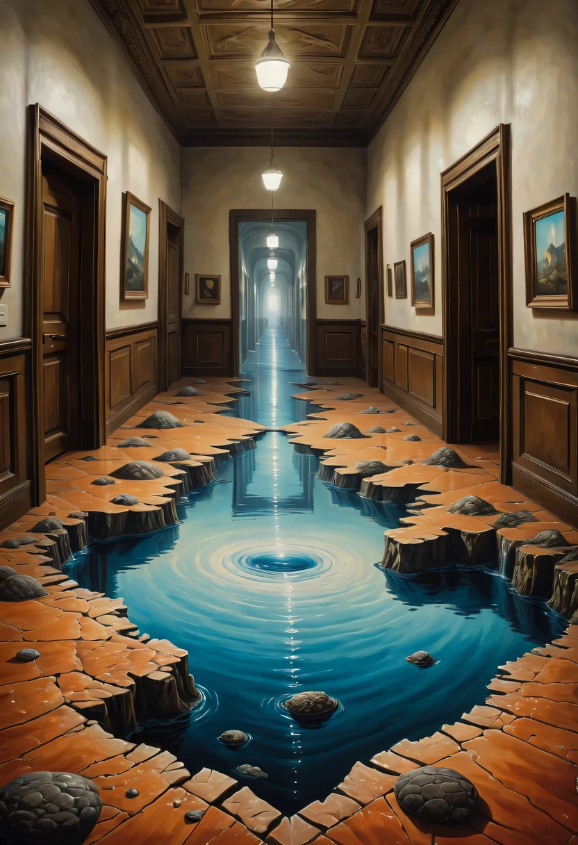 Optical illusion art,3D painting on the lobby floor,3D artwork,Surrealism,The details are impeccable,