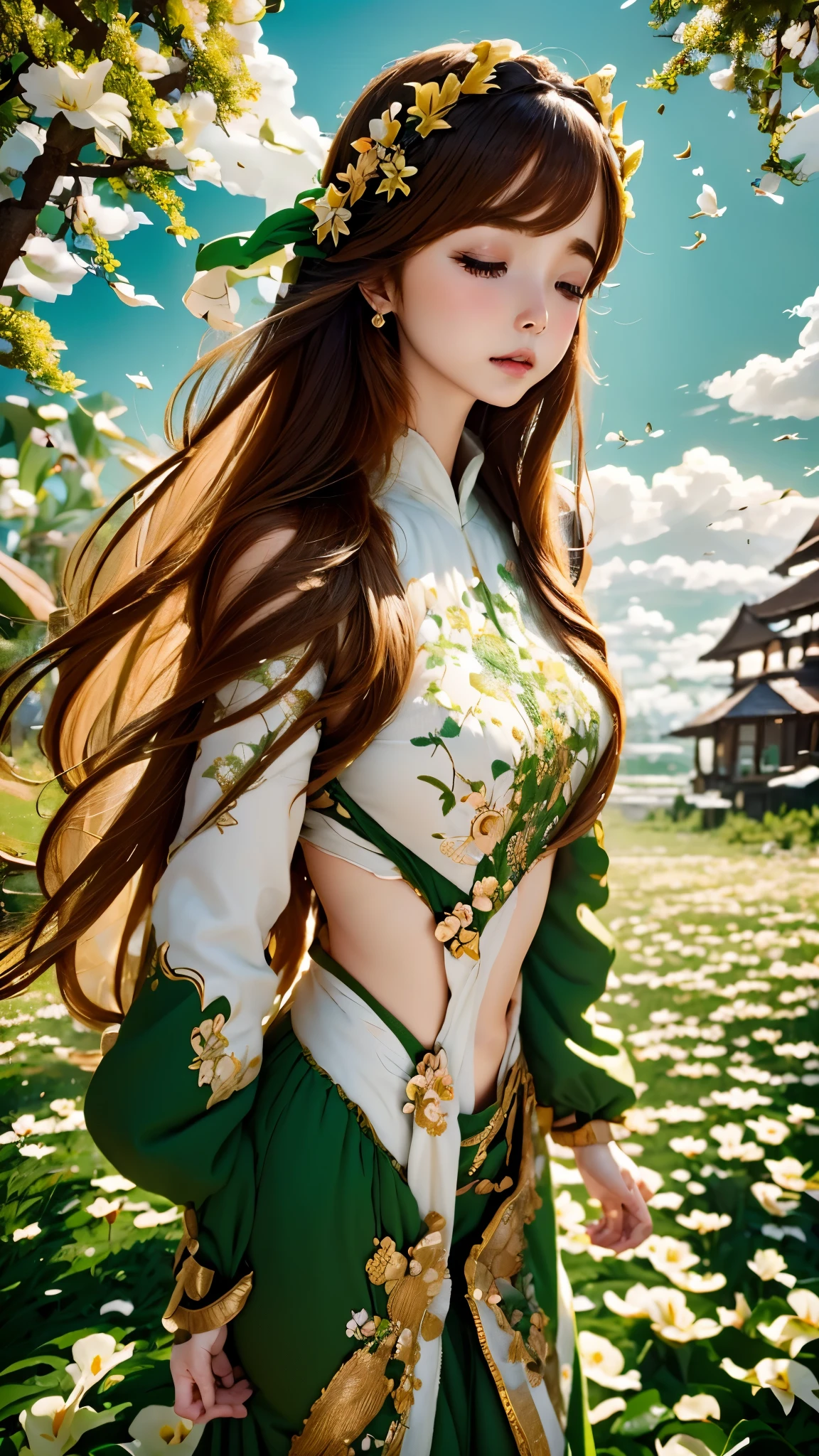 Lily Woman,Long brown hair with,Green clothes to wear,Surrounded by lilies of a whimsical sight、Swarm of swirling clouds,close eyes,Set in the twinkling light of their wings un,anime style,lots of details,vector,4K,wide image,Complete Scene.