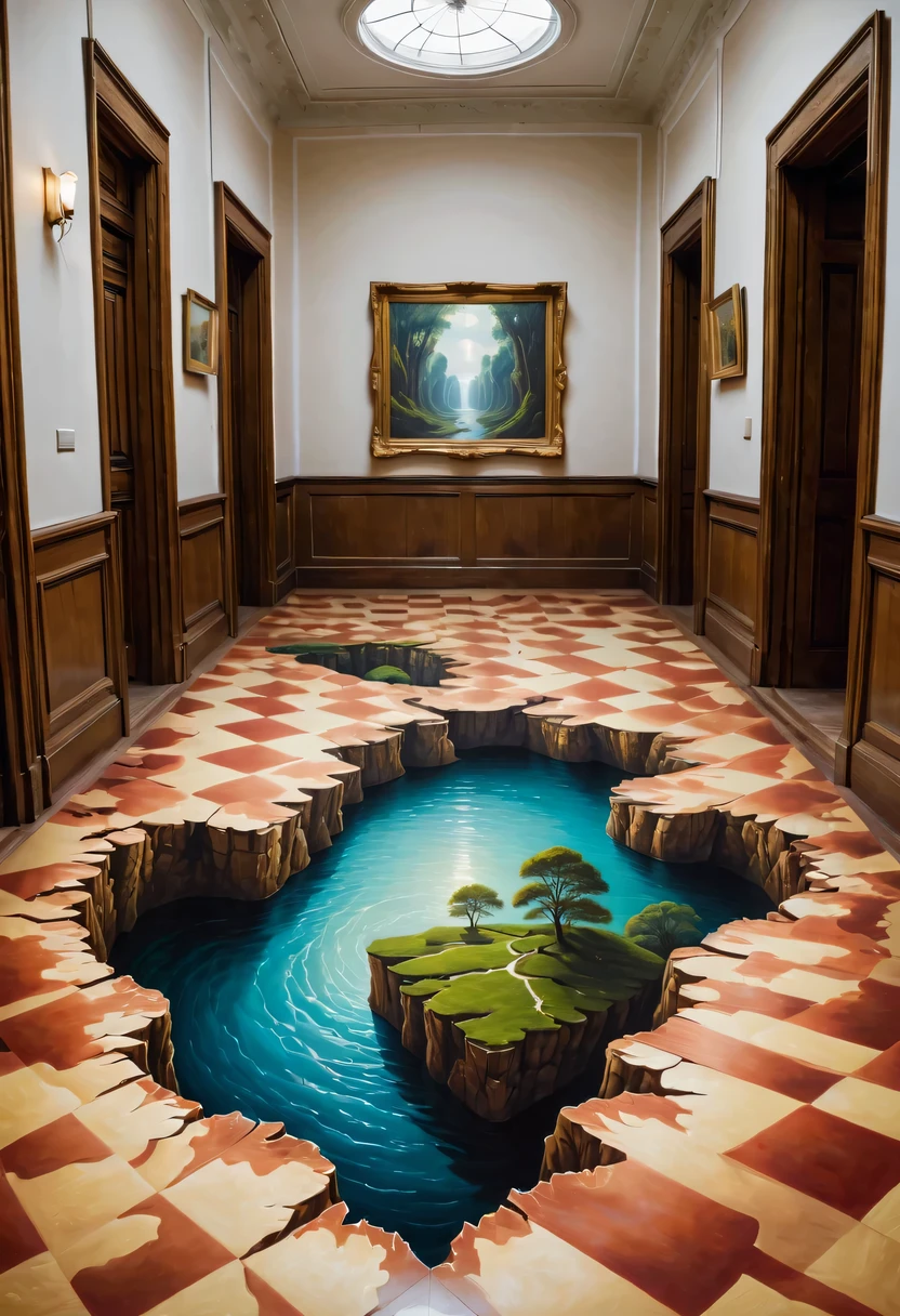 Photorealistic Image Prompt: (An astonishing anamorphic illusion) painted on the floor of a large, open space. The artwork features a distorted and elongated image that can only be perceived correctly when viewed from a specific angle or vantage point. The anamorphic illusion seamlessly integrates with the environment, creating a mind-bending experience for the viewer. Photograph, Trompe-l'oeil, Realism, Julian Beever, Edgar Müller, Felice Varini, DSLR with a wide-angle lens, Top-down perspective, The photograph should capture the illusion's incredible realism and precision, highlighting the seamless integration with the environment. Pay attention to lighting, ensuring that the artwork's shadows and highlights enhance the illusion's three-dimensionality. The image should be high resolution, allowing viewers to appreciate the intricate details of the anamorphic artwork.