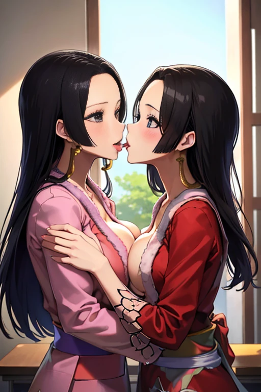 (highest quality:1.3), Boa Hancock, , 2 人のBoa Hancock,equivalent height,In the classroom,long black hair,face each other and look at each other,hug each other,two bodies are close together,kiss、Picture of two people、Holding hands and facing each other、Photograph of two people facing each other、Push each other、Stick your boobs and boobs together、,highest quality,1 girl,kiss_tonguetongue,,tongue、two girls、lick together、Girls facing each other、抱き合いながらkiss、very big breasts、super huge 、向かい合ってkiss、hug each other、Boa Hancockの衣装、Boa Hancockの赤いドレス