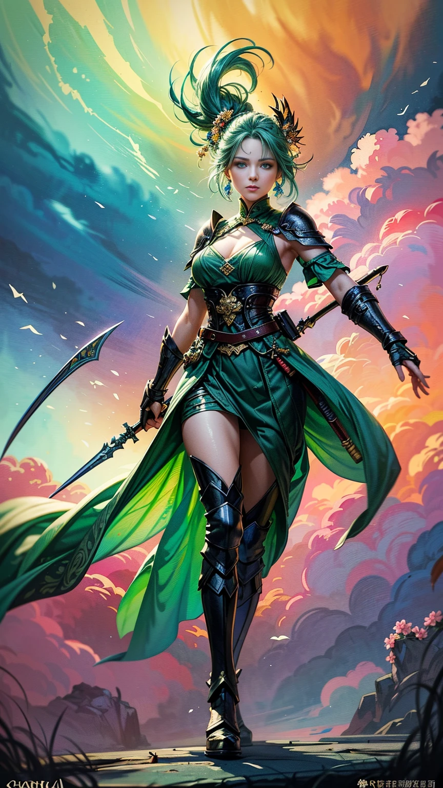 a full body picture of figures,Depicts a fantasy female warrior in a holding a staff。bright green eyes, standing in an imposing pose looking at the viewer,The expression is threatening。full battle outfit in shades of green。Soft, warm lighting highlights her thoughtful gaze。Create using:digital strokes、Reflect emotions、wild scene、Detailed character research、ambient color、chaotic atmosphere、glibatree tips、HD quality、Natural look。Focus on showing the power and of female warrior, (floral watercolor painting:1.5),(Super high saturation, bright and vivid colors:1.5), (nsfw), (Look at the audience head-on:1.5)