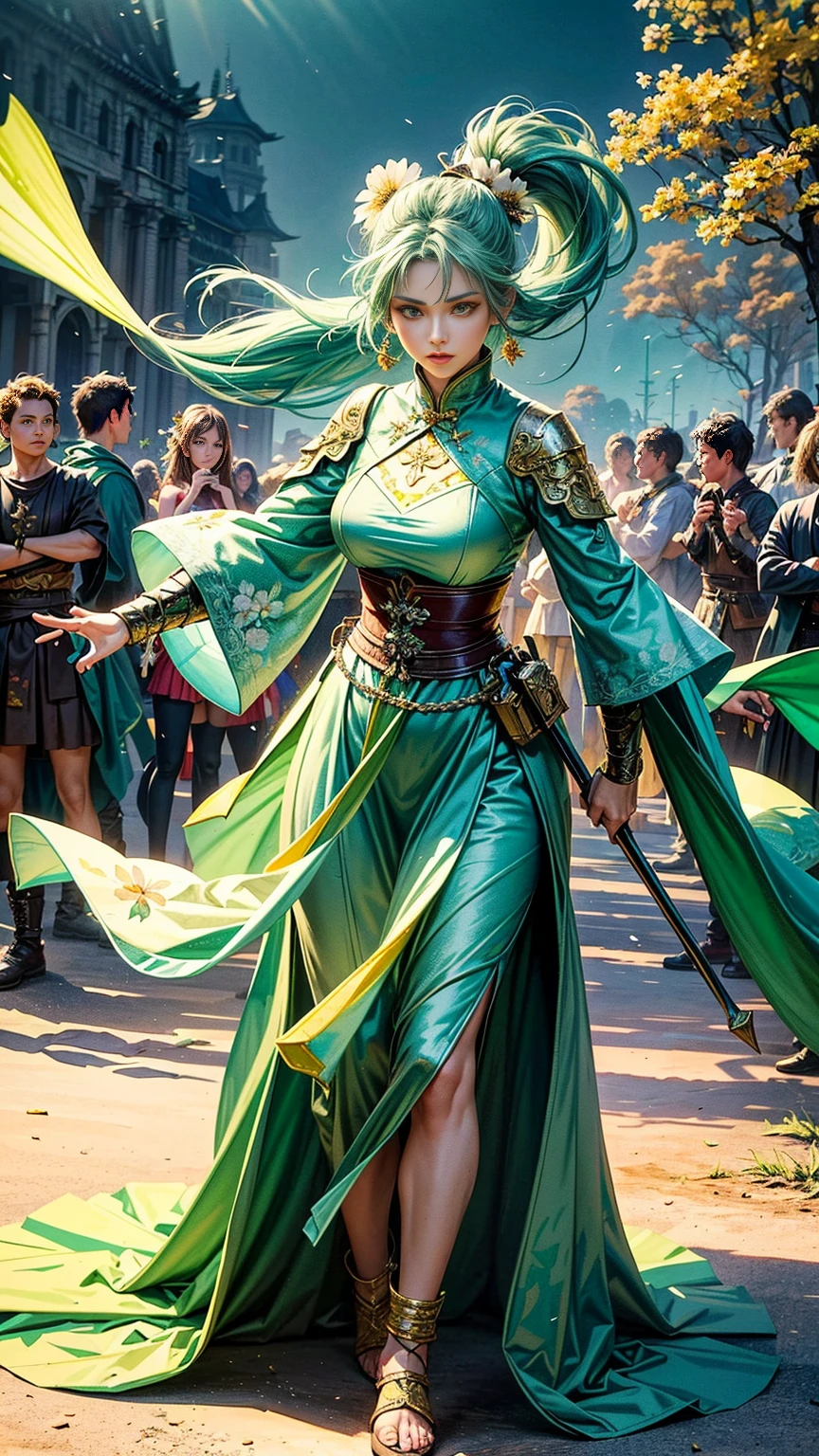 a full body picture of figures,Depicts a fantasy female warrior in a holding a staff。bright green eyes, standing in an imposing pose looking at the viewer,The expression is threatening。full battle outfit in shades of green。Soft, warm lighting highlights her thoughtful gaze。Create using:digital strokes、Reflect emotions、wild scene、Detailed character research、ambient color、chaotic atmosphere、glibatree tips、HD quality、Natural look。Focus on showing the power and of female warrior, (floral watercolor painting:1.5),(Super high saturation, bright and vivid colors:1.5), (nsfw), (Look at the audience head-on:1.5)