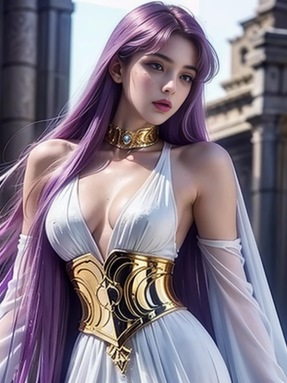 1 girl realistc age 19, athena, aesthetic artwork, irish, long purple hair, grayeyes light, some small freckles on the face, pale skin, A-cup, medium breasts, slim body, runners body, (textured skin, skin pores:1,1), (moles:0,8), imperfect skin, (Saint Seiya Athena long dress fantasy realistic white,v-neckline to the chest, intrincate detail, long dress fantasy princes, high detailed), ((high gold belt with encrusted jewels)), (extremely detailed 8K wallpaper),soft lighting, high quality, film grain, fujifilm XT3 sharp focus, f 5.6, 50mm, high detailed, sharp focus, complex details, standing, SaintseiyaSaoriKido