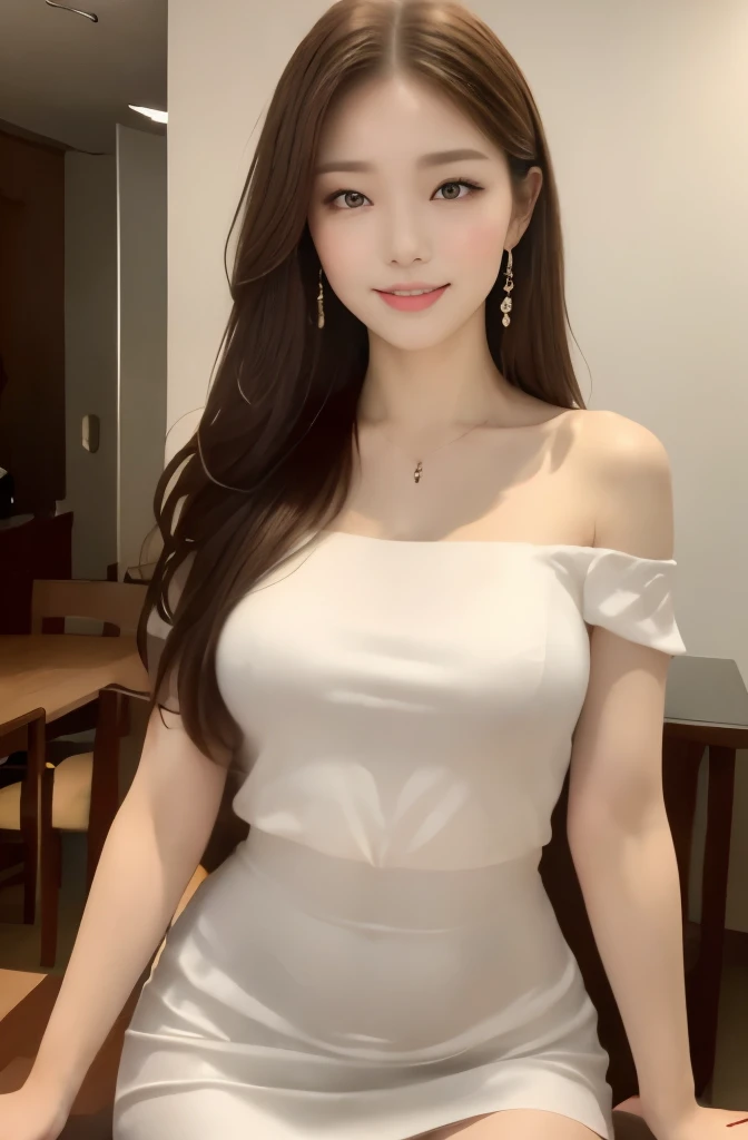 (24 year old lover), (big breasts:1.3),   (Have a sumptuous dinner in front of you、wine glass in front)、(classy and cute girl:1.3), (Wearing an off-shoulder white silk blouse:1.2), (orange flare skirt:1.2), (slender body shape:1.1), beautiful clavicle,(master piece: 1.3), (maximum resolution: 1.4), (ultra high vision: 1.2), cinematic light, ultra high vision,make one&#39;s cheeks flush:1.2、 (fine eyes and skin), (detailed facial features), 8K resolution, perfect style, beautiful expression、Highly detailed face and skin texture、detailed eye、double eyelid、glitter eyeliner:1.2、shiny skin、pure white skin:1.8、white skin:1.8、red rouge、dark lipstick:1.2、small shiny necklace and earrings、glossy lips:1.2、glossy lips:1.2、((full body shot:1.2))、(straight hairstyle、light brown hair)、long hair、(very charming smile:1.2)、night、Later