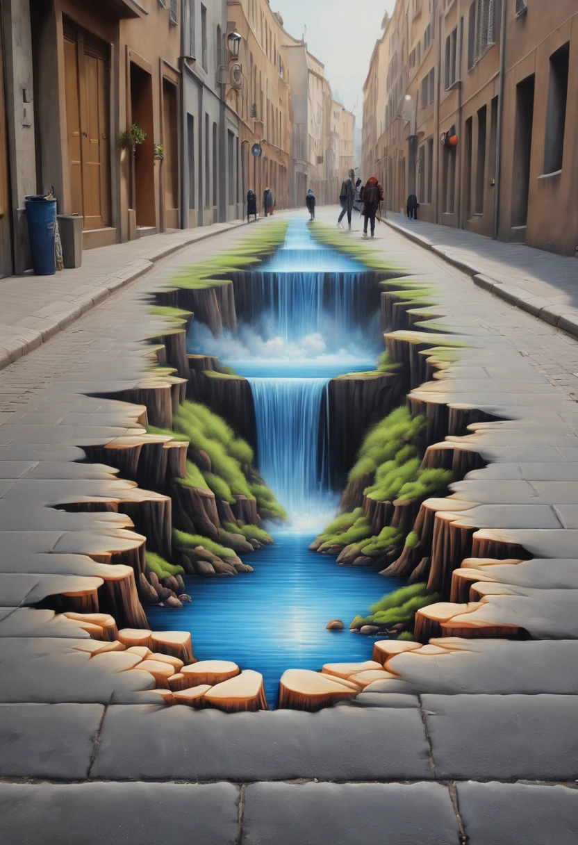 Optical Illusion art, Optical Illusion effect, 3d painting of cliff on the street, hand draw, reality, fantasy art, enhance, intricate, (best quality, masterpiece, Representative work, official art, Professional, 8k)