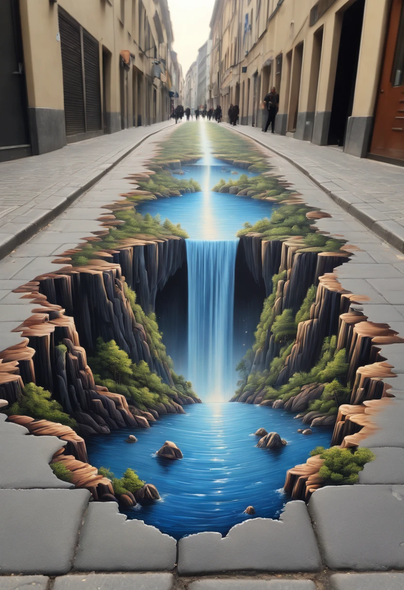 Optical Illusion art, Optical Illusion effect, 3d painting of cliff on the street, hand draw, reality, fantasy art, enhance, intricate, (best quality, masterpiece, Representative work, official art, Professional, 8k)