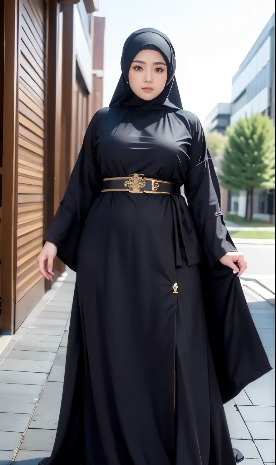arafed woman in a black robe standing on a sidewalk, hijab fashion model, hijabi outfit, thicc, hijab, korean woman, wearing black robe, asian woman, bbwchan, photograph of a techwear woman, hijab, wearing a black robe, woman in black robes, casual pose, wearing dark robe, asian women, korean girl, red sneakers