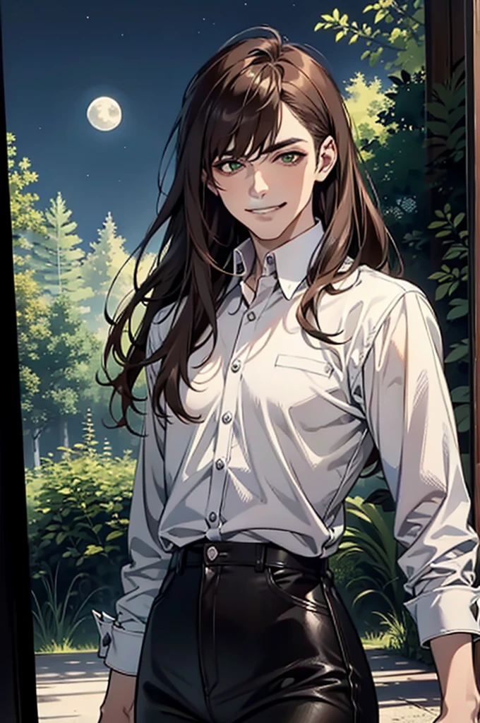 (disorganized, High resolution, Super detailed), 1 man, 30 years old man, Adult man, good looking, expensive,, small eyes and small face, Black leather pants, white shirt, night, smile, dutch angle, ((long hair, brown hair)), moon, forest, bad, gothic, dark, look at the scenery, white skin, Green detailed eyes, eyeliner, (masculine), sexy, grin, fascinating, somewhat muscular, very attractive, frivolous, mature, ((adult mature face)), medium large shoot, (ticker), conceit, Own centered