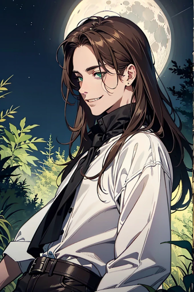 (disorganized, High resolution, Super detailed), 1 man, 30 years old man, Adult man, good looking, expensive,, small eyes and small face, Black leather pants, white shirt, night, smile, dutch angle, ((long hair, brown hair)), moon, forest, bad, gothic, dark, look at the scenery, white skin, Green detailed eyes, eyeliner, (masculine), sexy, grin, fascinating, somewhat muscular, very attractive, frivolous, mature, ((adult mature face)), medium large shoot, (ticker), conceit, Own centered