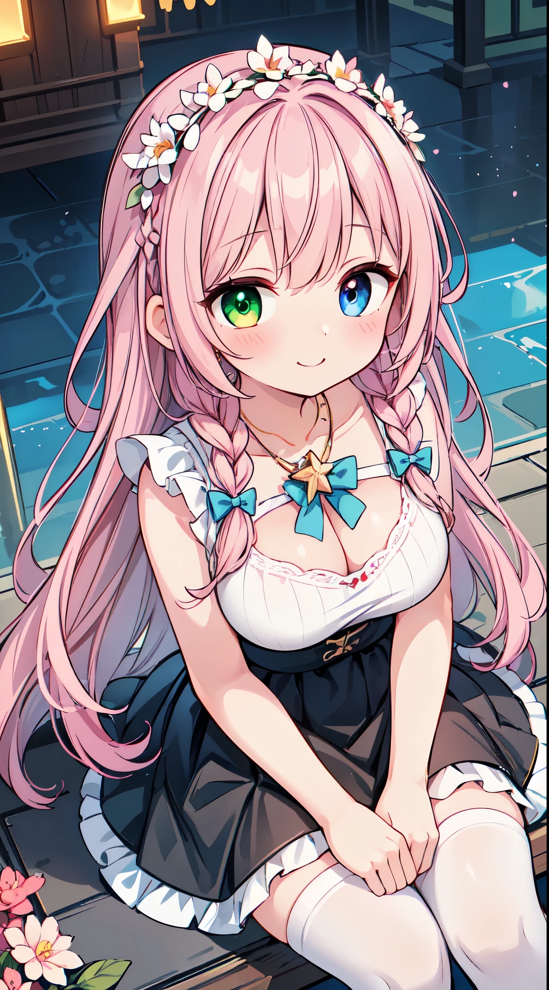 (super fine illustration:1.2),(masterpiece, 8k), (best quality, high quality:1.4), perfect anatomy, hyper detailed, ultra detailed,masterpiece background,beautiful detailed background, v8k wallpaper,perfect design,award-winning art,atmospheric,


BREAK,   one beautiful girl, (17 year old girl),alone,(kawaii:1.5),(Chibi:0.6),(cute:1.5),(:0.5),break,(17 year old girl), one beautiful girl,very detailed,Colorful,best details,transparent skin,Shining beautiful skin,shy,very detailed,Colorful,best details,BREAK,transparent skin,Shining beautiful skin,shy skin,break,(heterochromia,blue eyes,green eyes, eye highlights,first ultrafine star:1.45),star eye silhouette ,BREAK,(pink hair, semi-long hair, bow:1.4),(twin braids,slightly curly hair,princess cut, crossed bangs:1.3),(big breasts,beautiful breasts:1.5),(long eyelashes, double eyelid:1.2),alone,glowing skin, transparent skin, Shining beautiful skin,(highest quality face),(highest quality bright eyes),(light smile:1.45),

BREAK, (1girl, solo, looking at viewer, walking:1.2), (Amusement park:1.2), (attractions, theme parks, roller coaster:1.2), (ferris wheel:1.2), (flower, fountain:1.2), (outdoor:1.2), beautiful detailed sky, dating, sunlight, beautiful lighting, volumetric lighting, 

BREAK ((white camisole), detailed frilled camisole), (red skirt, detailed laced skirt), (tiara, necklace, earrings), (flower crown, flower head, side flower head, flower hair ornament:1.5)





BREAK,wakame,wakame,wakame,(looking up,from above:1.5) ,上目遣い,


BREAK,(Blurry background:1.3),(absurderes, hight resolution, Super Detail Art),cel shading,Clear Color, Lonely optical effect, Beautiful pictures, Bright glow, mystic atmosphere,(Close-up of girl:1.1), Mystical light particle effect,manga influence, clean line drawings, 